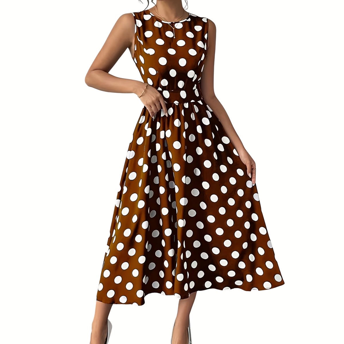Currero Jurk Met Polkadots Stippen Zomerjurk Dames Zomerjurken Midi Jurk Volwassenen Ibiza Stijl Sundress Dress Koffie Bruin