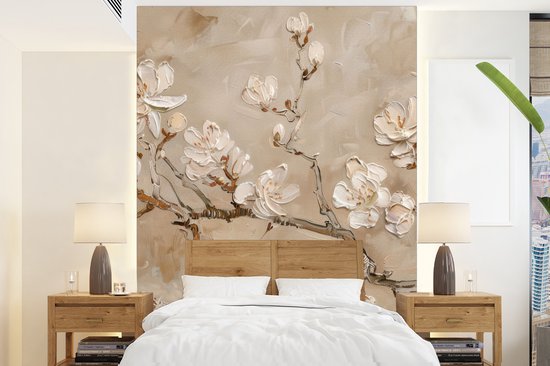 Behang - Fotobehang Bloemen - Modern - Beige - Wit - Bloesem - Breedte 205 cm x hoogte 280 cm