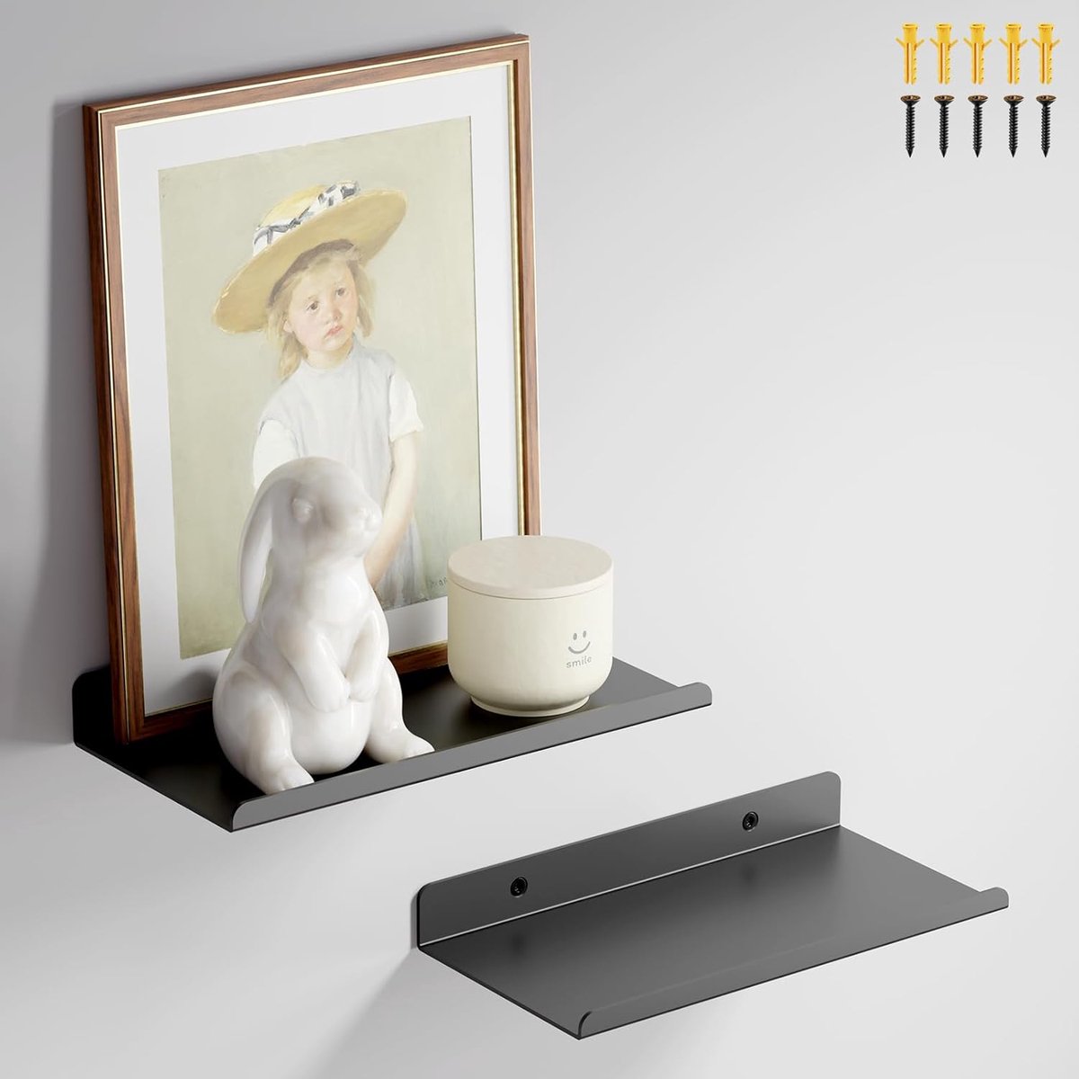 Wandrek van metaal, 2 stuks, 20 cm breed, zwart, zwevende boekenkast, fotolijst, woondecoratie, wandplank voor woonkamer, keuken, slaapkamer, kantoor