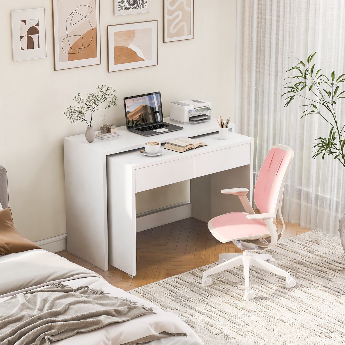 YYchan hoekbureau - wit - 110 x 40 x 78 cm - met lade - met opbergruimte - met wielen