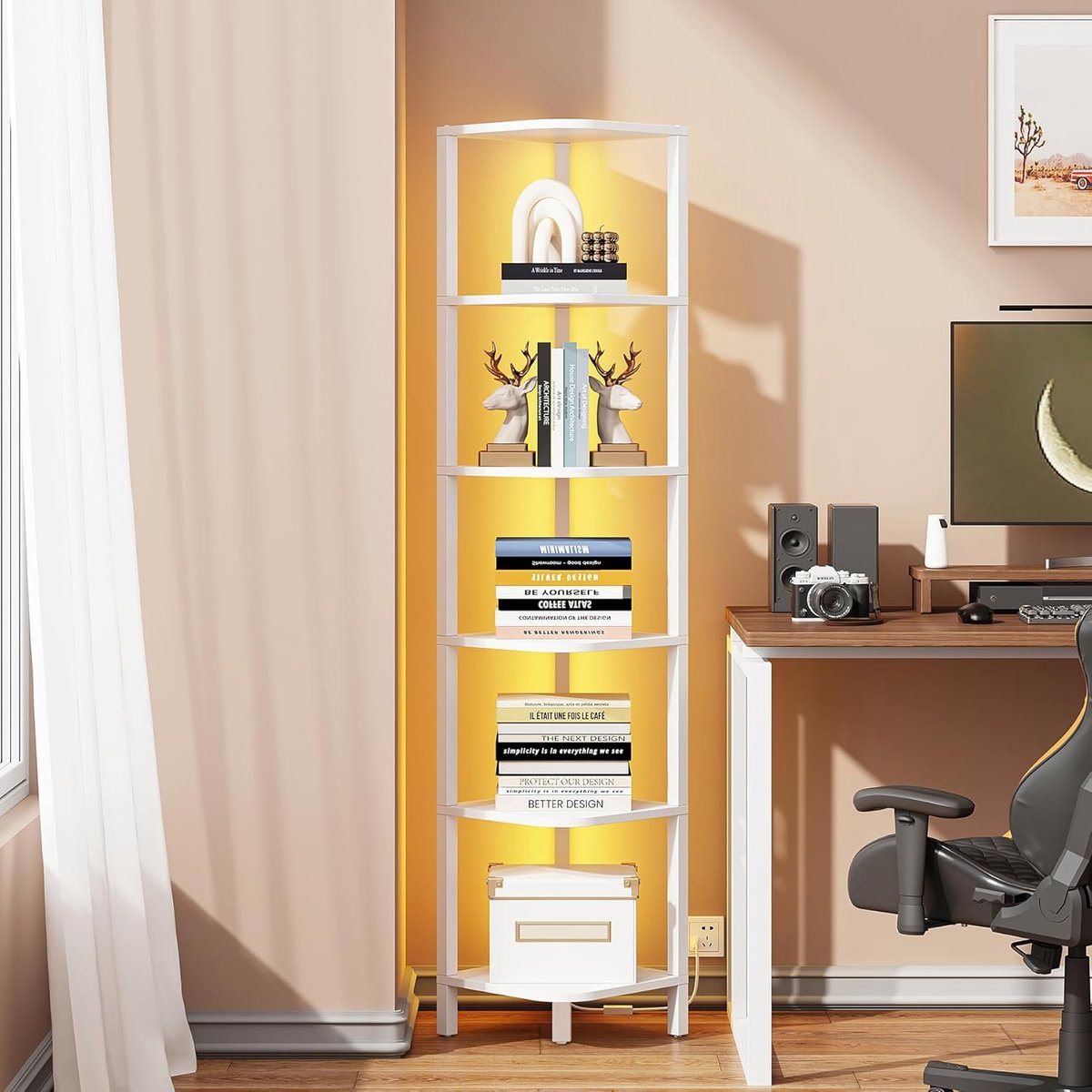 Hoppa! Hoekplank met LED-licht - 6-laags hoekboekenplank voor kleine ruimte - Wit - 28 x 28 x 149 cm (B x D x H)