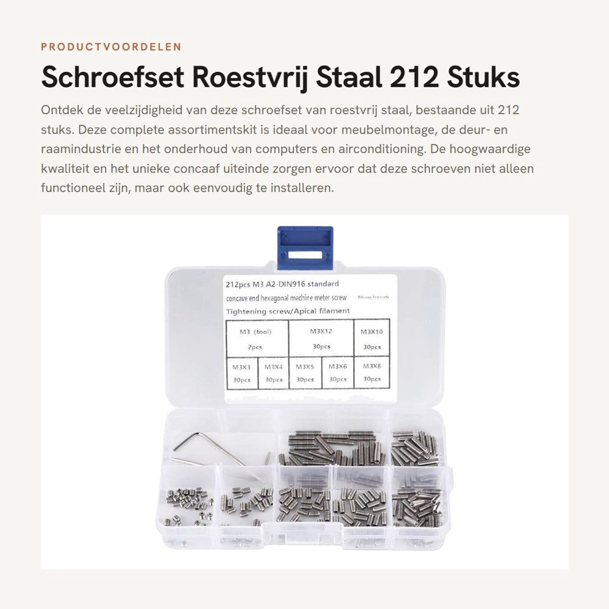 Dailygoods- Schroefset Roestvrij Staal 212 Stuks - Bevestigingsset - Schroeven - Schroefmaterialen - M3 Binnenzeskant - Installatiegereedschap - Bevestigingsmaterialen