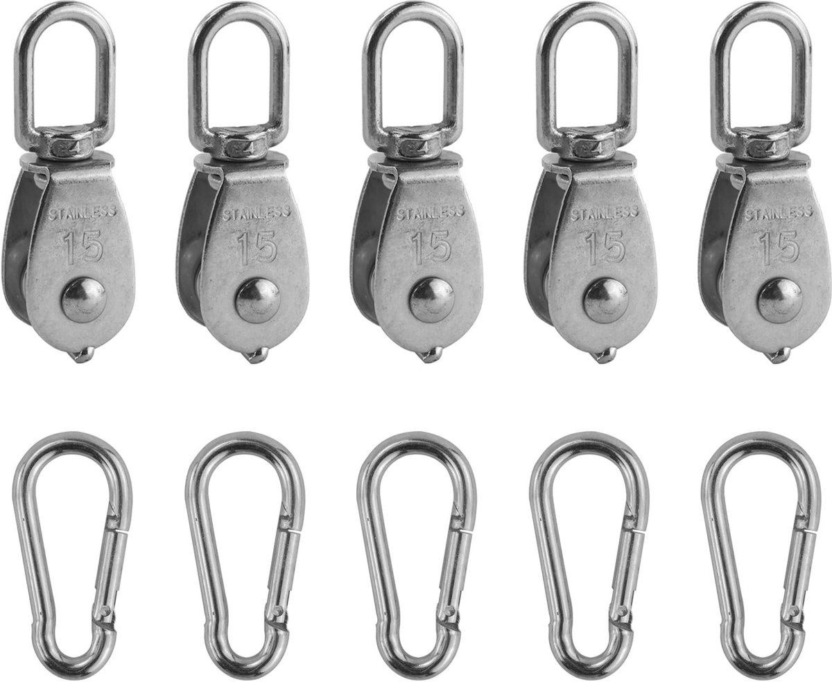 Dailygoods - Set van 5 Roestvrijstalen Katrollen met Veergesp en Karabijnhaak