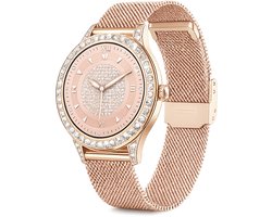 Knobbout 1,27" Scherm Dames Sierlijke Smartwatch met Strass– HD Touchscreen – Hartslag-, Bloeddruk- & Zuurstofmeting – Slaapmonitor – Ademhalingstraining – Menstruatiecyclus – AI-Spraakassistent – IP68 Waterdicht – Rosegoudkleurige Stalen Band