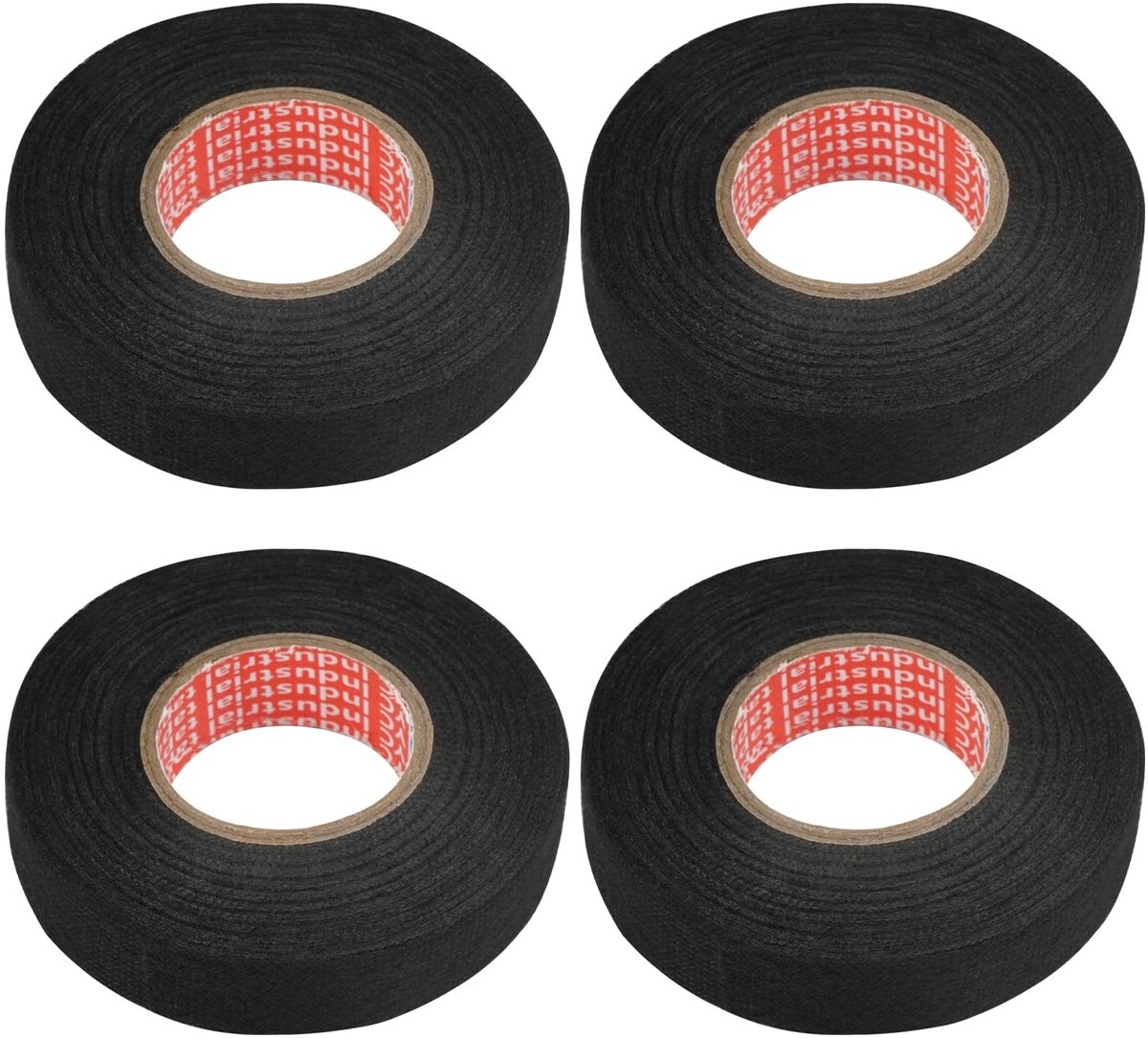 Dailygoods - WHC 4 stuks autoweefseltape, zwart, 19 mm x 12 m, kabelboomplakband, hittebestendig, textielband, isolatietape, zwart, zelfklevende doek, textielband, autokabelboom, viltband, voor kabelbundels,