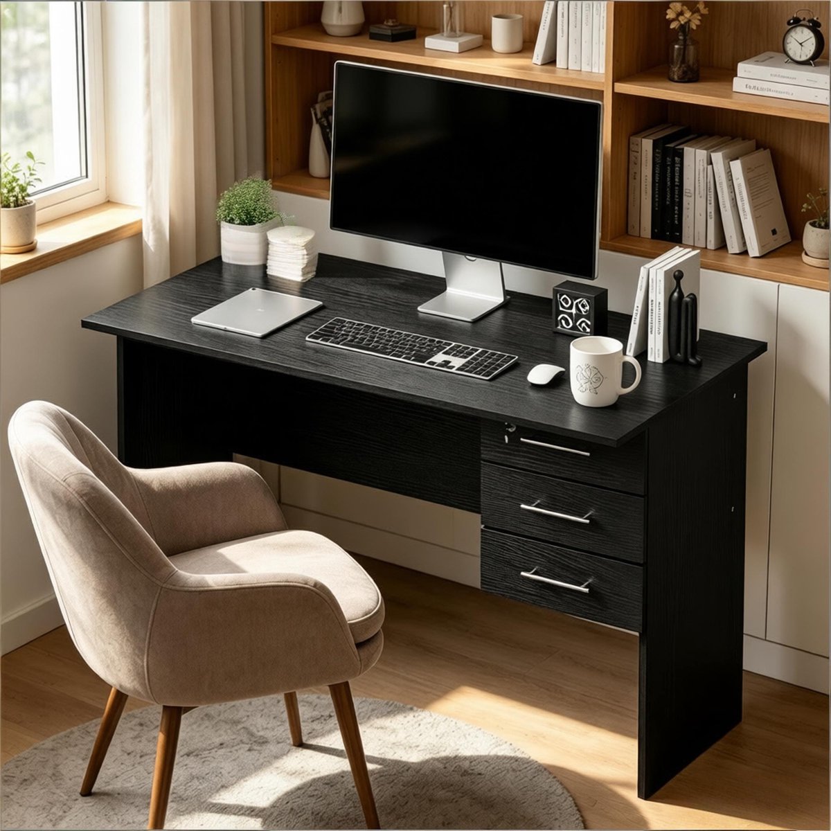 YYchan computerbureau - zwart - 120 x 60 x 75 cm - met lade - met opbergruimte - met wielen