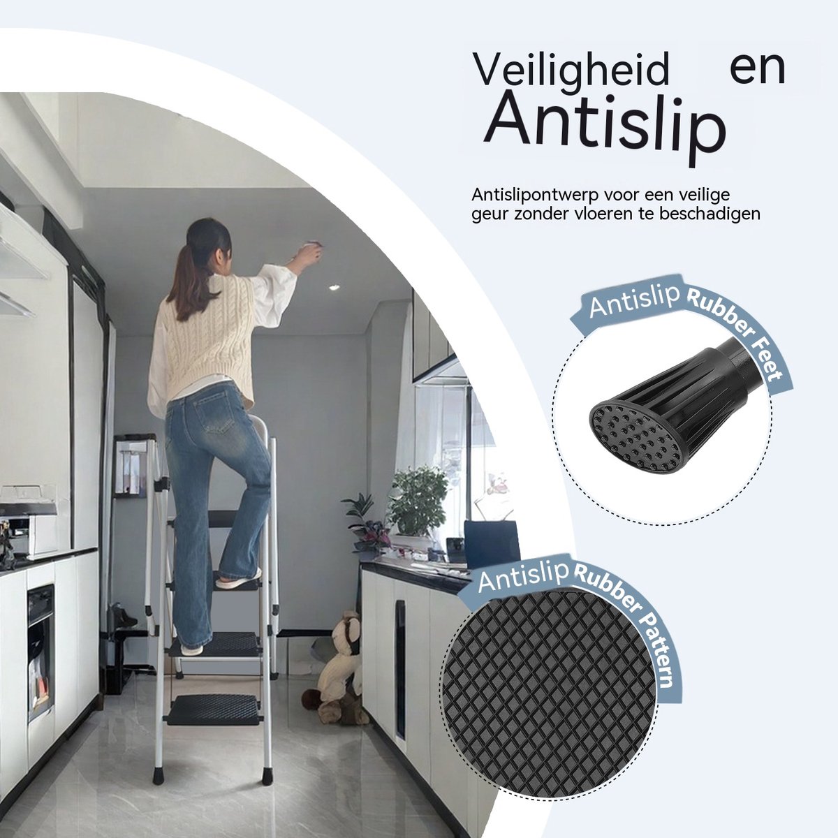 Witte trapladder - Opvouwbare ladder - Keukentrap-Huishoudtrap – Brede treden – Anti-slip – Veiligheidsbeugel - Staal - Keuken - 4 treden- Inklapbaar-Wit – foto 6