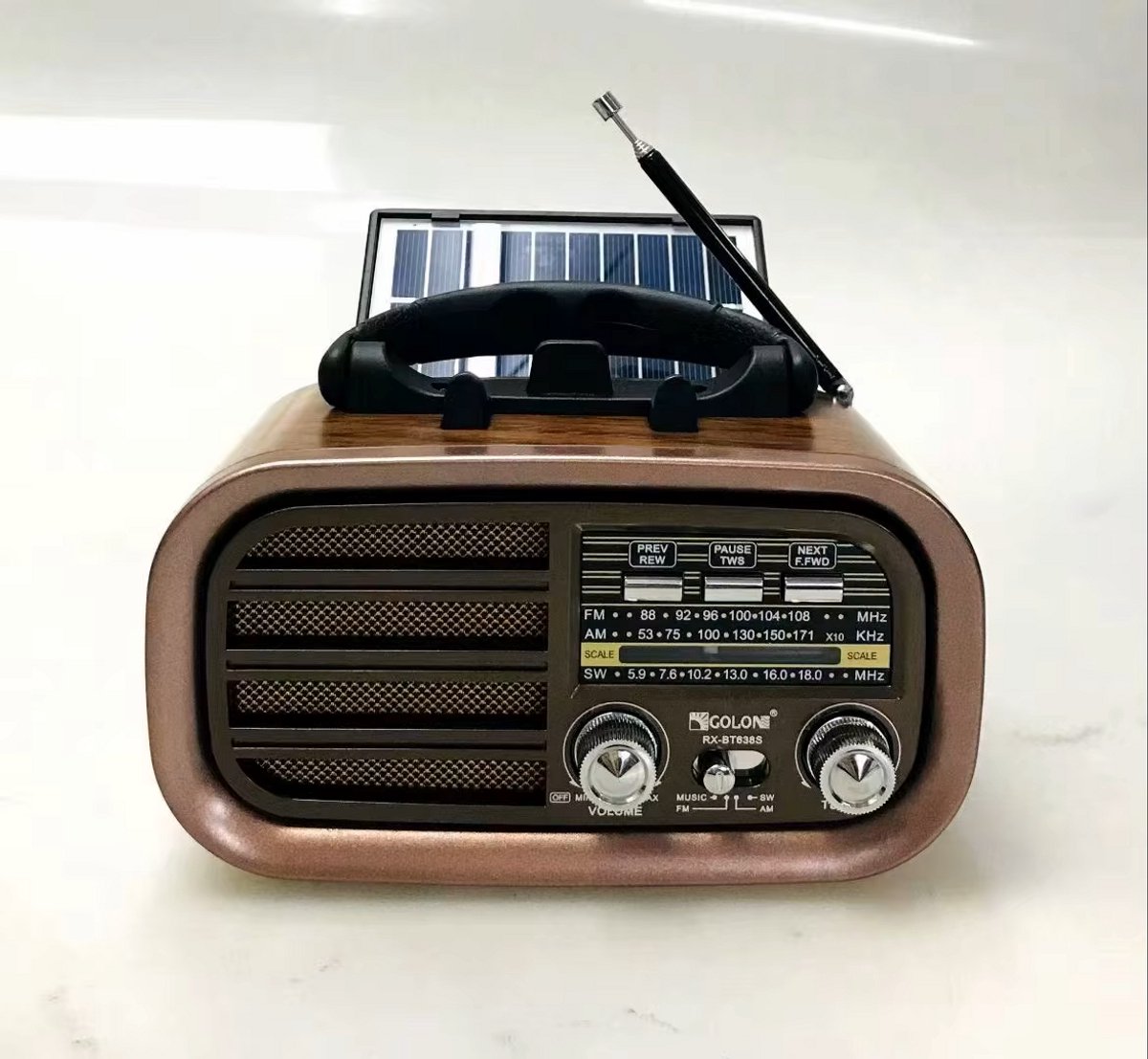 Golon RX‑BT638S – Weer & Noodradio | AM/FM/SW | Zonne‑energie, Noodslang (Crank), Bluetooth, USB | Draagbare 3‑band Radio