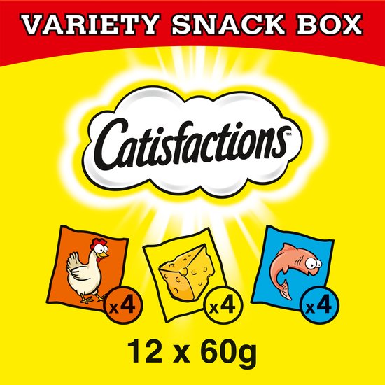 Catisfactions Variety Snack Box met 12 zakjes van 60g, met kip-, kaas- en zalmsmaak.