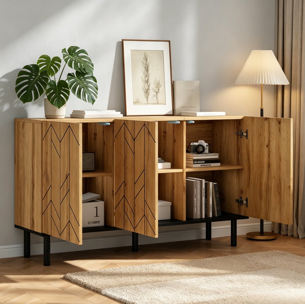 STILVORA Dressoir - Moderne Opbergkast Met 3 Deuren En Golfpatroon - Voor Woonkamer En Hal - Spaanplaat En Metaal - 120x35x70 Cm - Naturel