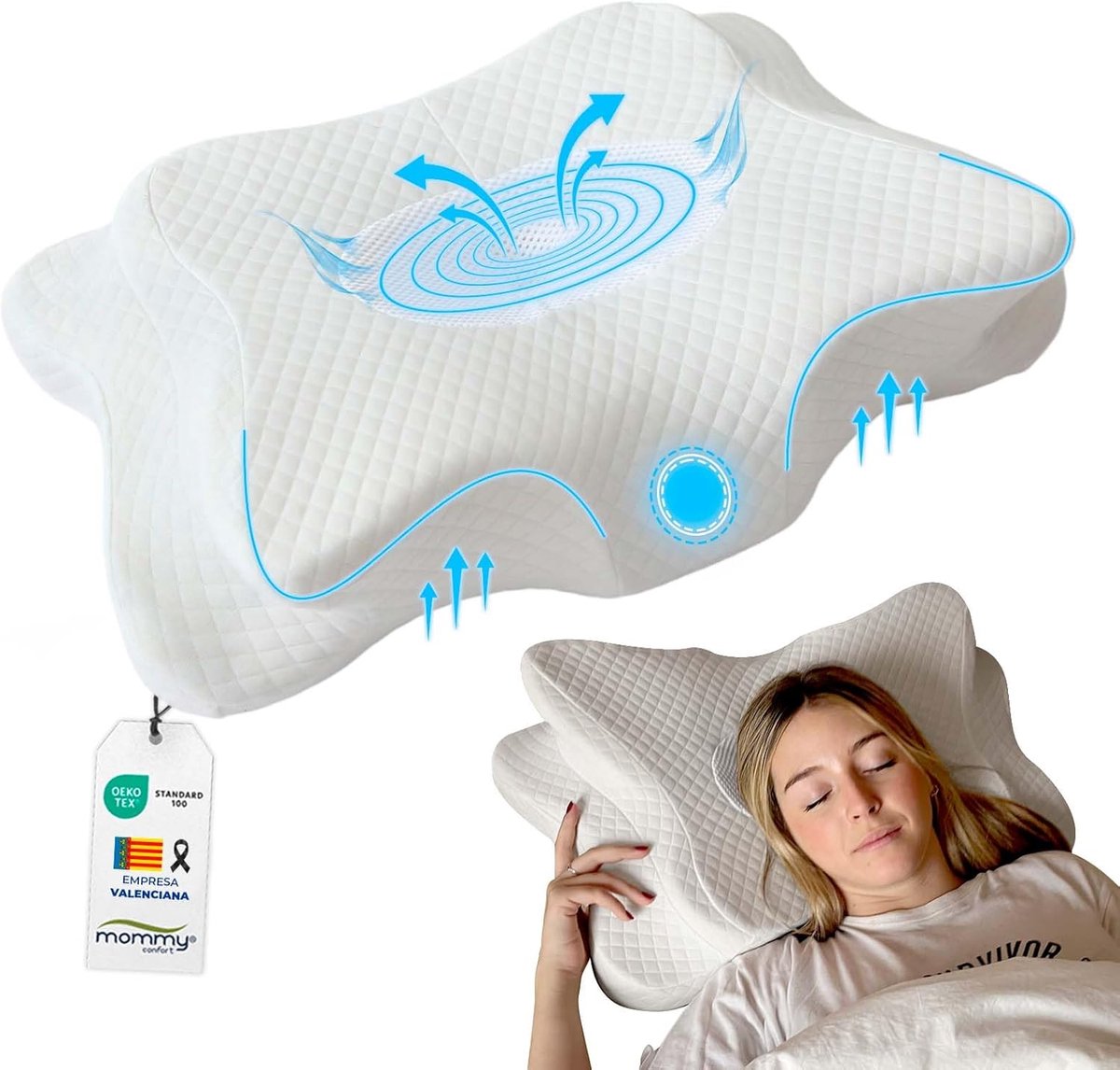 SnelShoppen - Visco-elastisch nek kussen - Orthopedisch ergonomisch kussen - Wasbare hoes met rits - Anti-snurk kussen voor zijslapers - Oeko-Tex goed