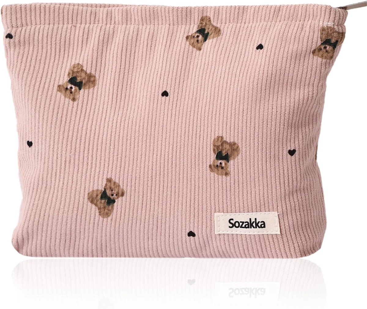 Thijox - Grote make-uptas toilettas voor dames van corduroy, multifunctioneel, roze, 27x18x5cm - ideaal voor school, reizen, strand en winkelen