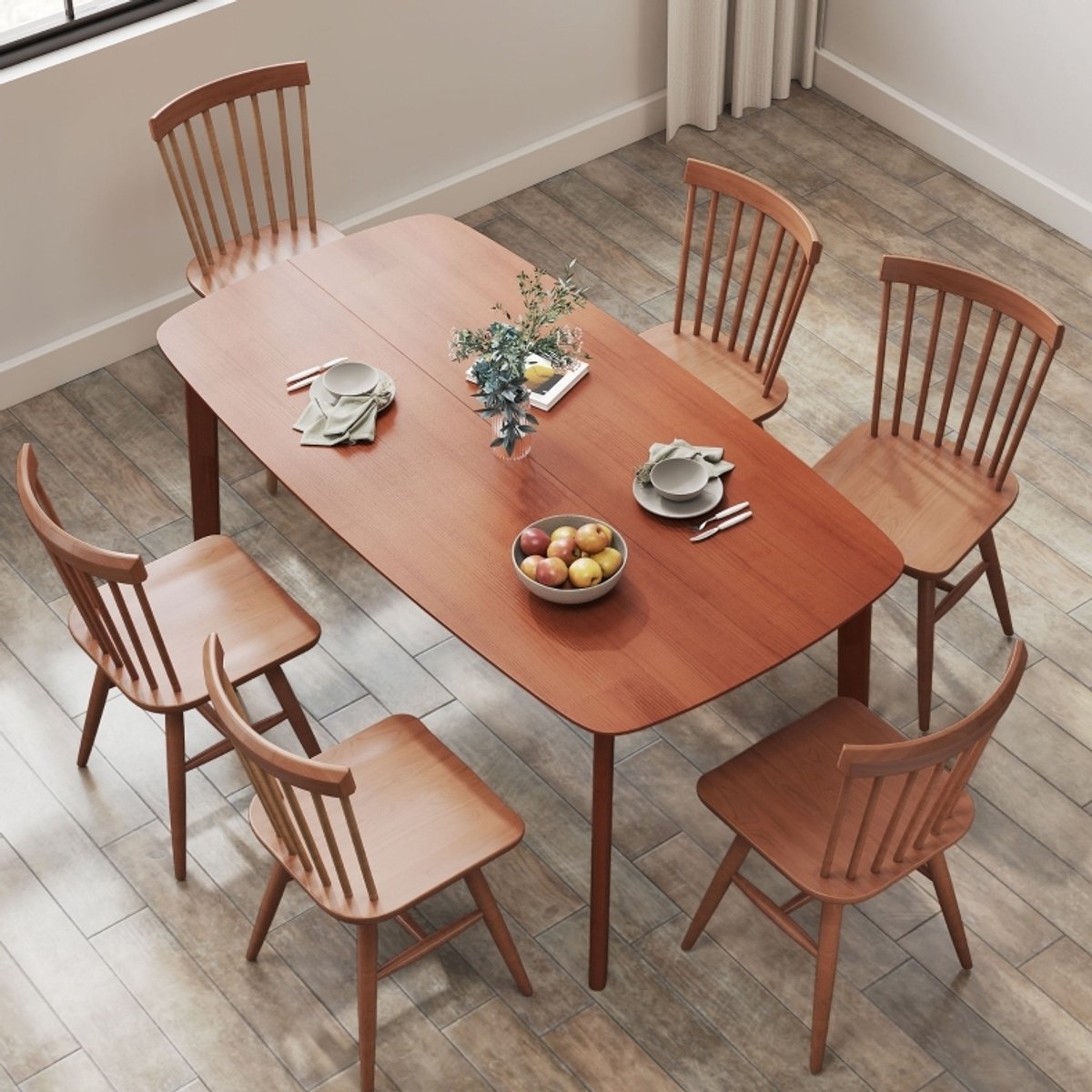 MEUNIQ Eettafel 150 x 80 x 76 cm voor 6 personen, rechthoekige houten tafel met gelakt oppervlak, afgeronde hoeken en antislip voetdoppen, landelijk, bruin