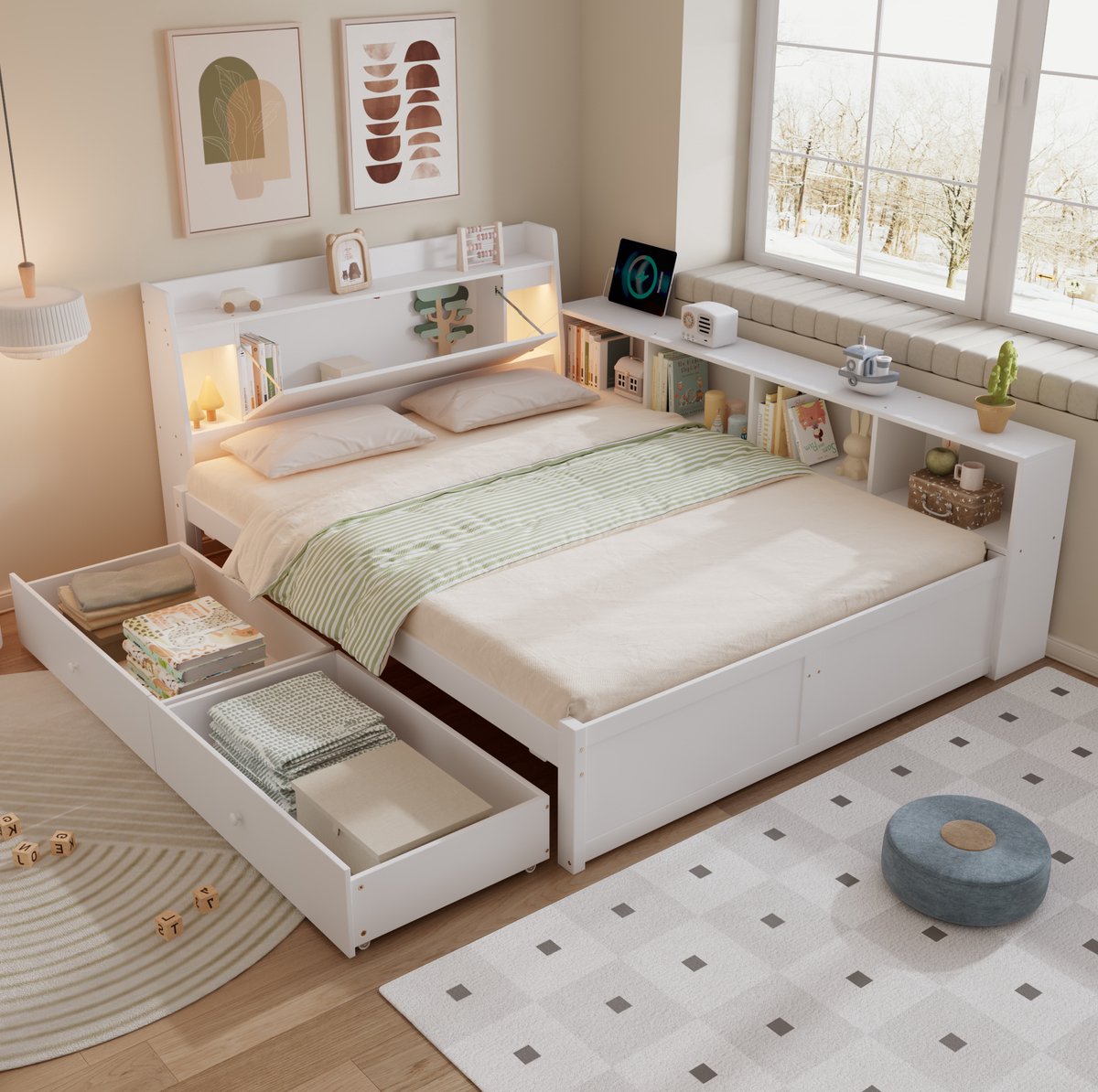 MEUNIQ tweepersoons bed 140x200 cm met hoofdbord en opbergvak, 2 lampen, laadpunt, zijdelingse opbergruimte en 2 lades, wit bedframe voor slaapkamer