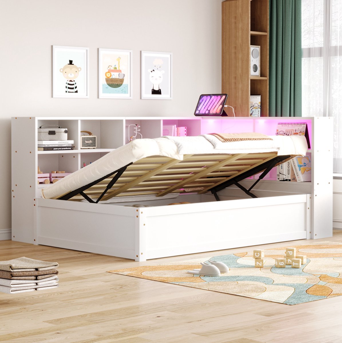 MEUNIQ slaapbank 90x200 cm met opbergruimte, hydraulisch bed, LED-lichtstrip en multifunctionele stekkerdoos, eenpersoons bed voor slaapkamer of logeerkamer, wit