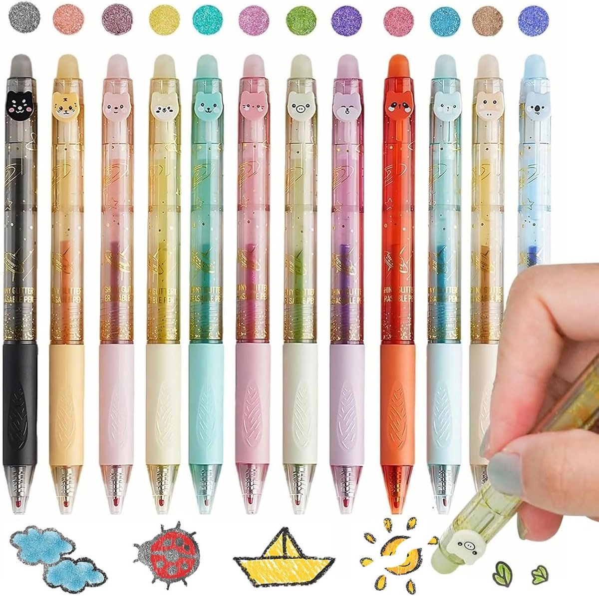SnelShoppen - 12-delige Set Glitterende Erasable Gelpennen - Multicolor 0.7mm Fijne Punt - Perfect voor Journaling, Tekenen, Notities en Creatieve Pro