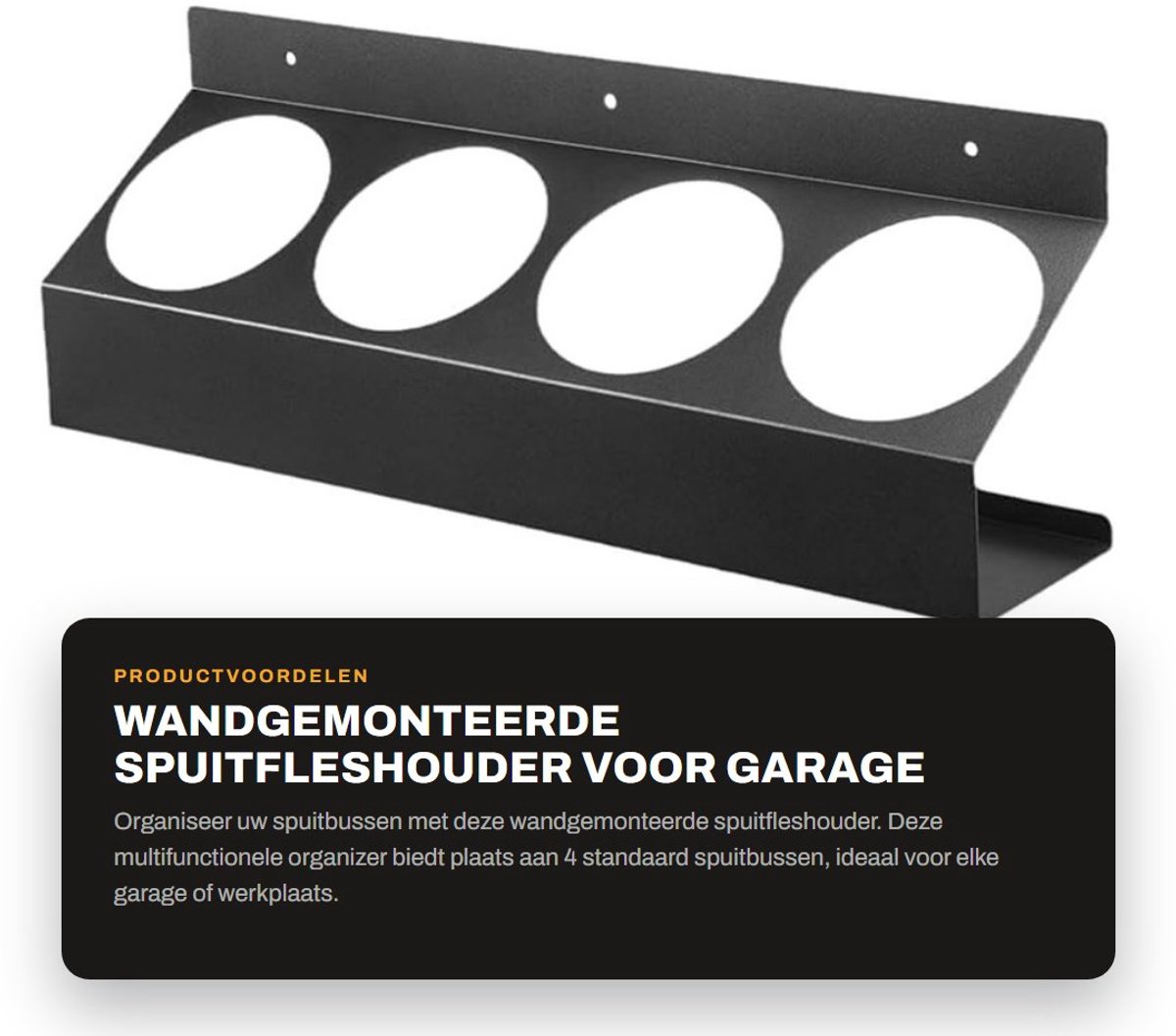 Inovra- Spuitfleshouder Wandgemonteerd - Spuitbusorganizer - Voor Garage/Sloten Aanhanger - Zwart - 4 Sleuven - Hoogwaardig Metaal