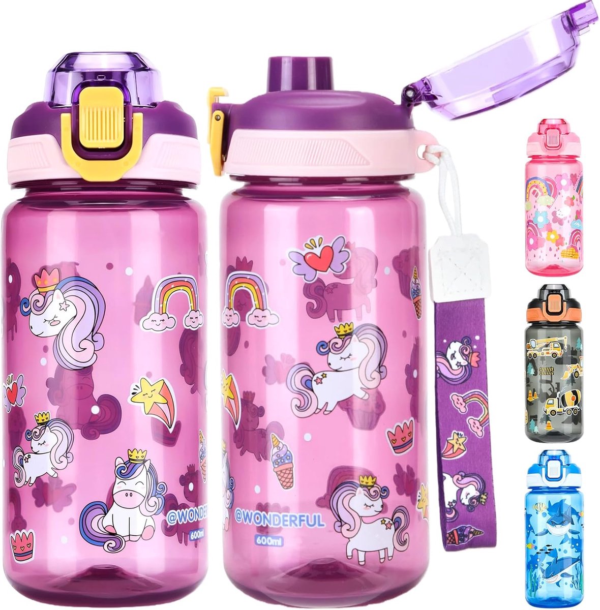 Thijox - Drinkfles voor Kinderen 600 ml - BPA-vrije Sportwaterfles met Lekvrij Flip-Topdeksel - Geschikt voor Meisjes en Jongens - Paars met Eenhoorn