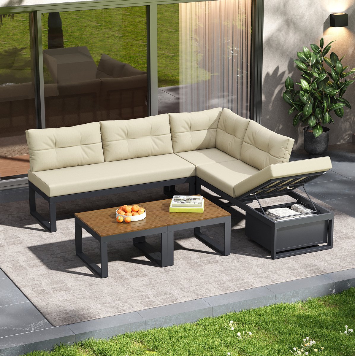DESMIU Loungeset 191,5 x 191,5 cm - Verstelbare Rugleuning Met Ligfunctie En Opbergruimte - Voor Tuin, Balkon En Terras - Polyester Beige