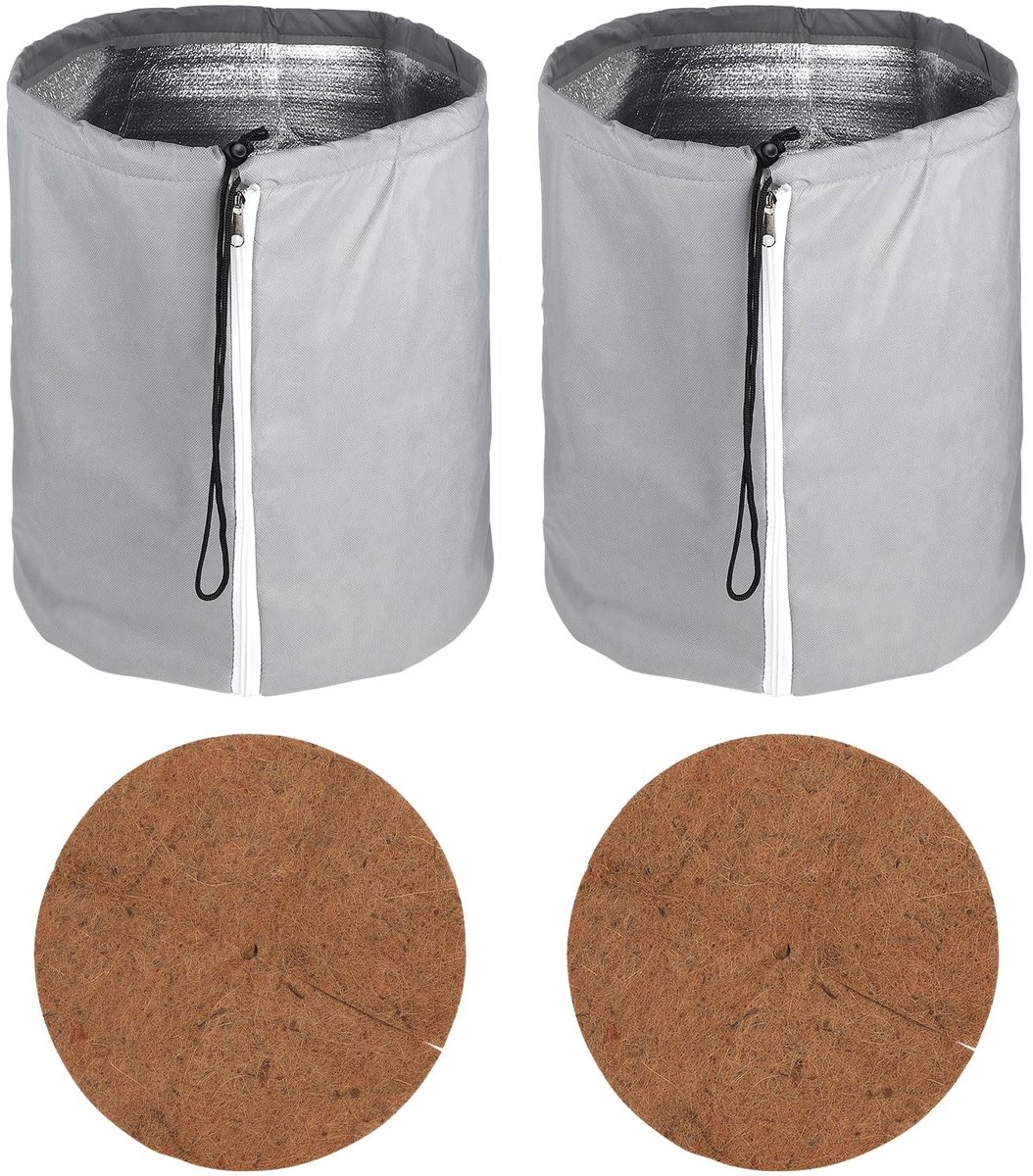 Inovra - CPROSP Warmtebescherming voor pot, 50 x 45 cm, beschermtas voor potplanten met ritssluiting, trekkoord en vulling van kokosvezel, herbruikbaar, 2 stuks, grijs