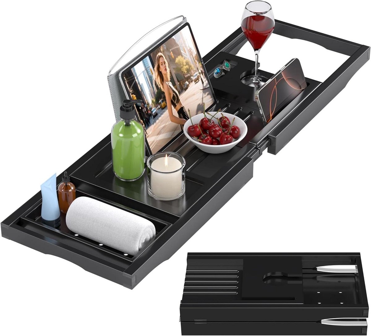 Opvouwbare badkuip Caddy - Bad Accessoire - Ontspannen in bad - Uitschuifbaar ontwerp - 285 tot 49 inch - Zwart