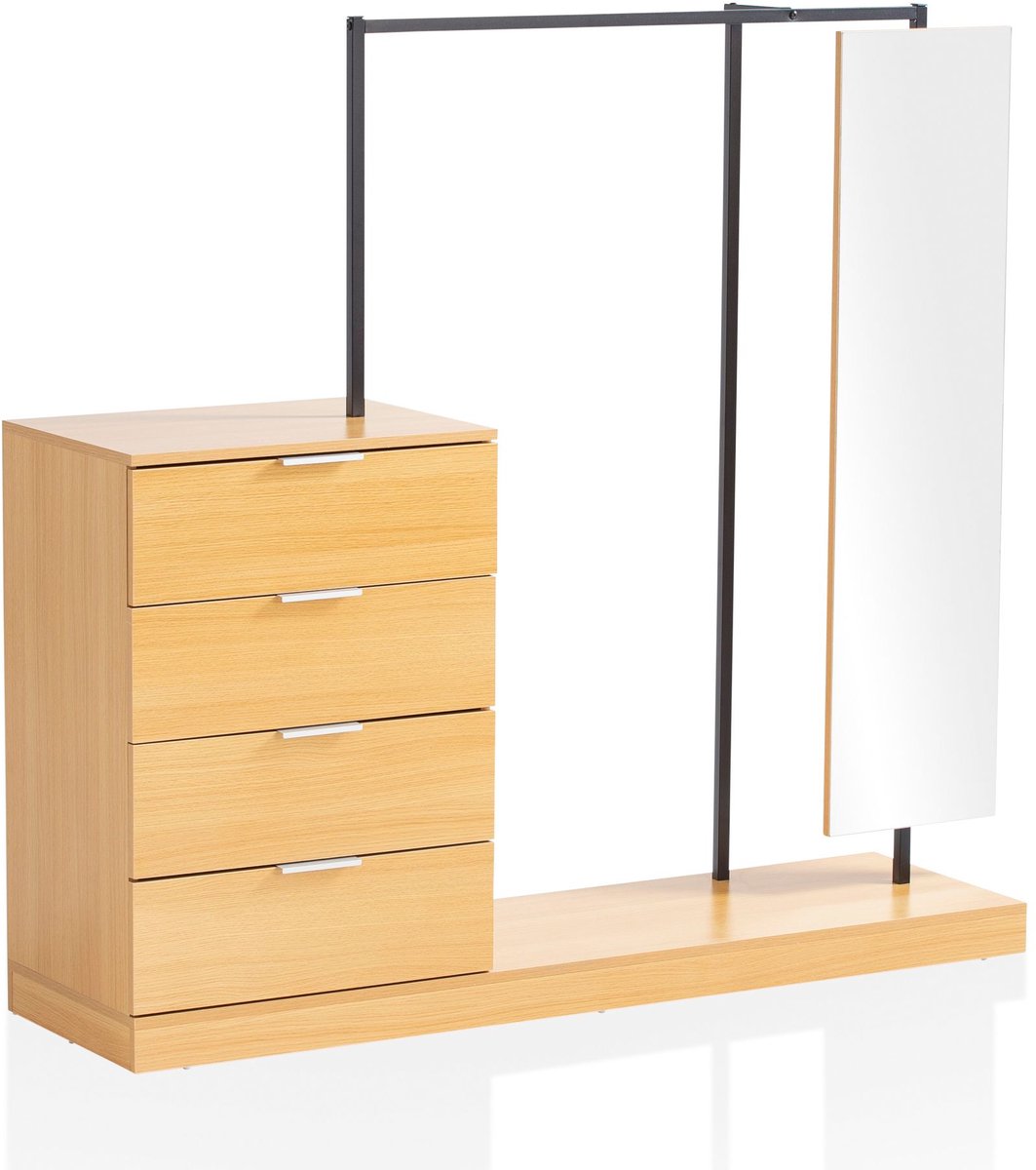 kledingkast eiken decor 145x138x40,5 cm gangkast moderne, compacte kledingkast voor schoenen, jassen, sjaals en hoeden, kledingrek gang met ladekast, kledingroede en spiegel
