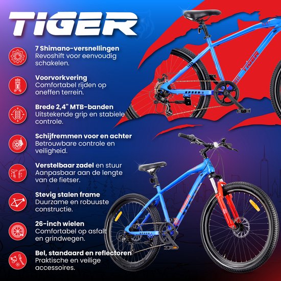 SUN BABY TIGER BIKE Mountainbike 26", MTB-fiets voor jongens en mannen, jeugd fiets 26 inch - stalen frame, 7 versnellingen, schijfremmen, vering - Blauw-Oranje van Sun Baby — afbeelding 5