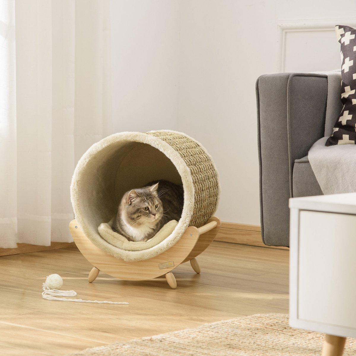 MEUNIQ Kattenhuis met kraboppervlak en kussen 41 x 38 x 43 cm verhoogd kattenbed voor katten tot 5 kg voor rusten en krabben in huis khaki