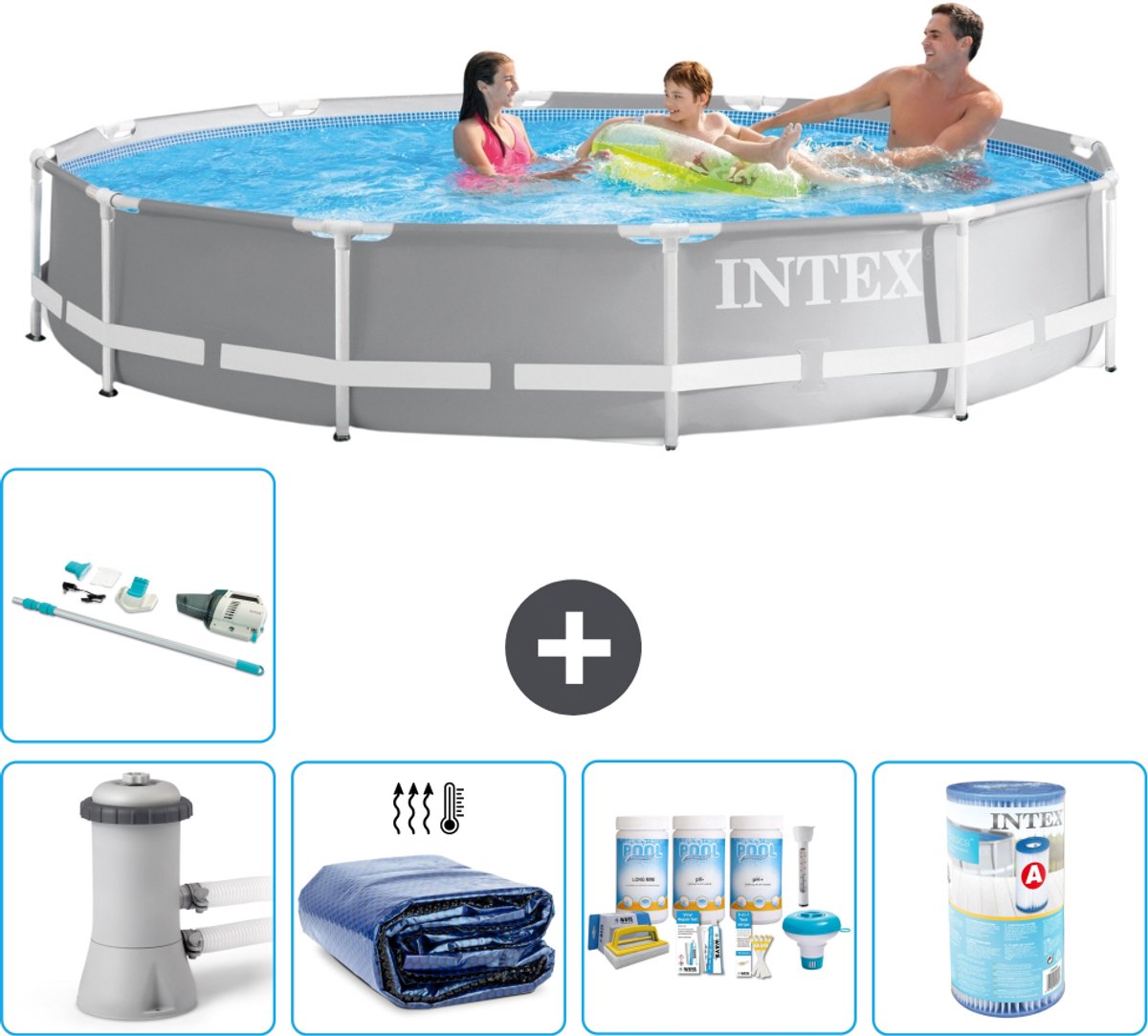 Intex Rond Prism Frame Zwembad - 366 x 76 cm - Grijs - Inclusief Pomp - Solarzeil - Onderhoudspakket - Filter - Stofzuiger - 6-delig
