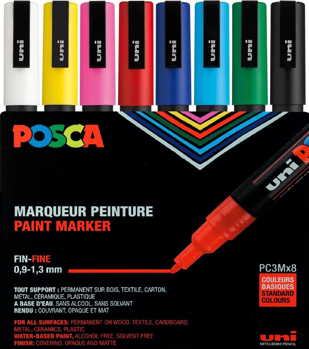 SnelShoppen - Posca Marker Set 8 Stuks - Fijne Punt, Basis Kleuren, Geschikt voor Kunststof, Textiel, Metaal, Keramiek en Glas - Perfect voor Creatiev