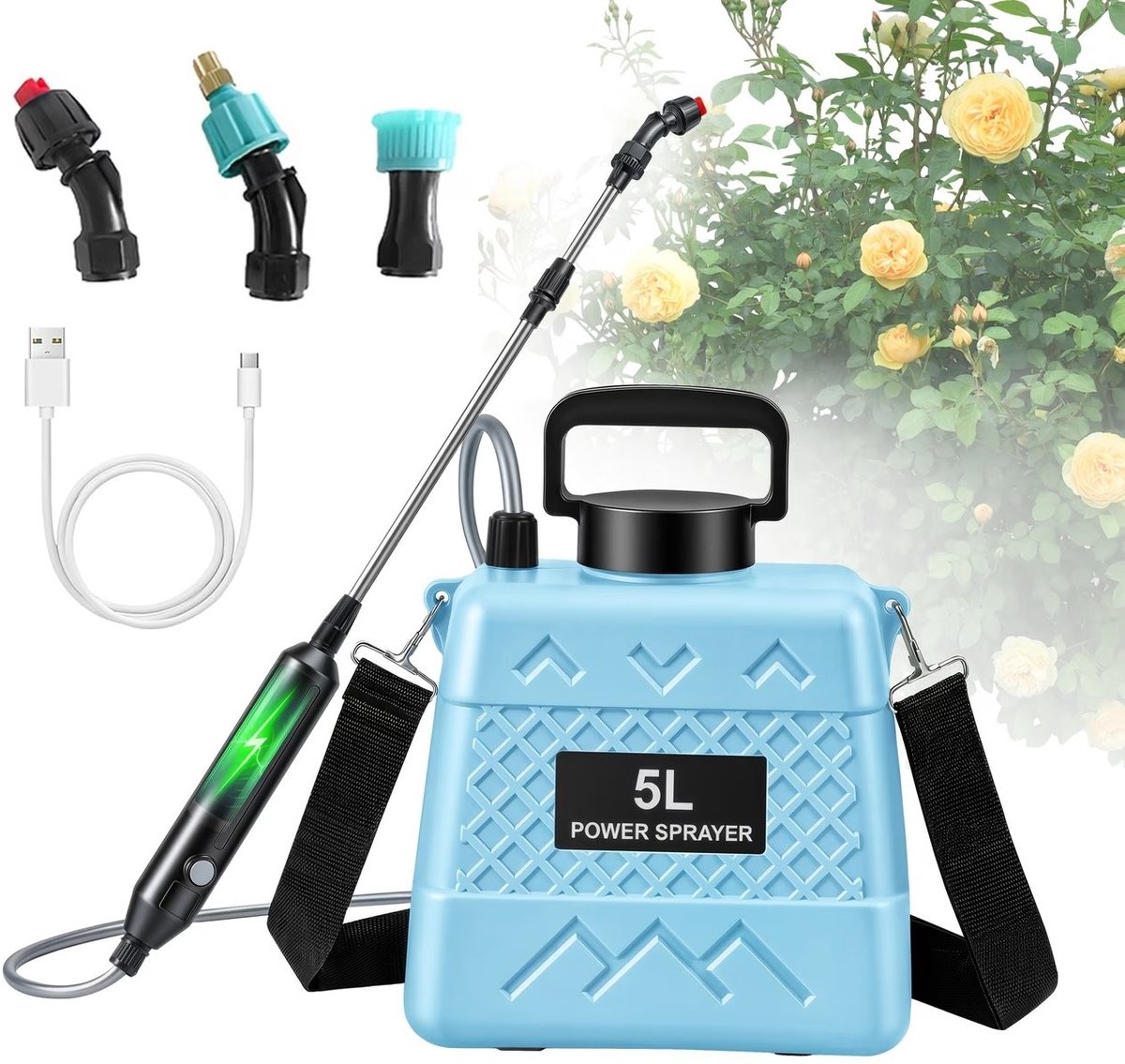 Elektrische spuitbus 5L - Oplaadbare tuinsproeier met uitschuifbare steel, 3 mondstukken en 1800mAh accu voor water geven, bemesten en schoonmaken-Spuitpistool + Meer Mondstukken.