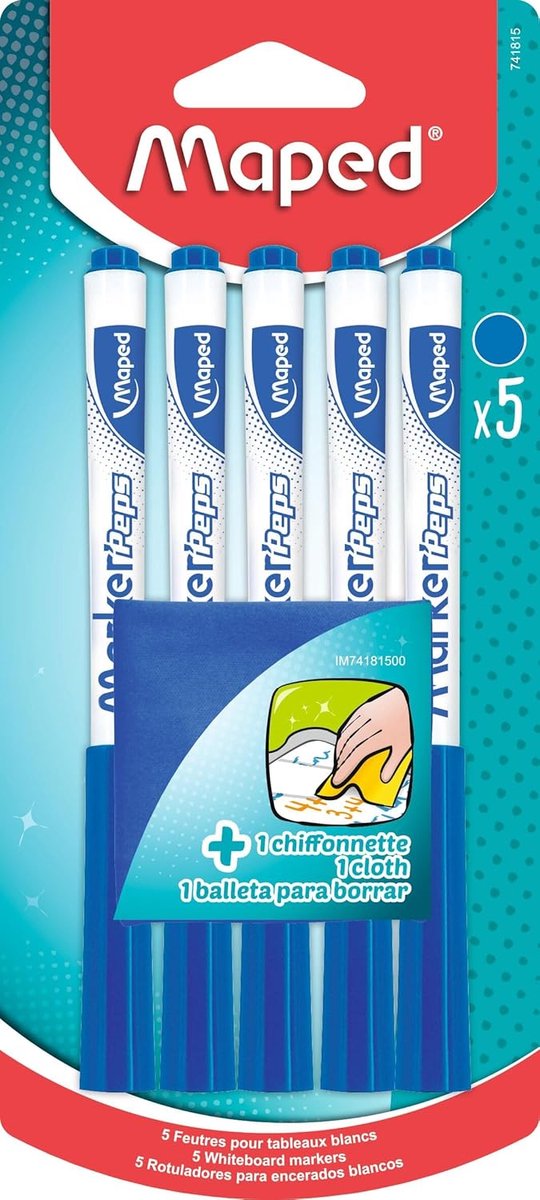 Thijox - 5 Droog Uitwisbare Viltstiften + 1 Doek - Marker'Peps voor Leisteen en Whiteboard - Blauwe Medium Punt 1,5 mm - Ideaal voor School en Creatie