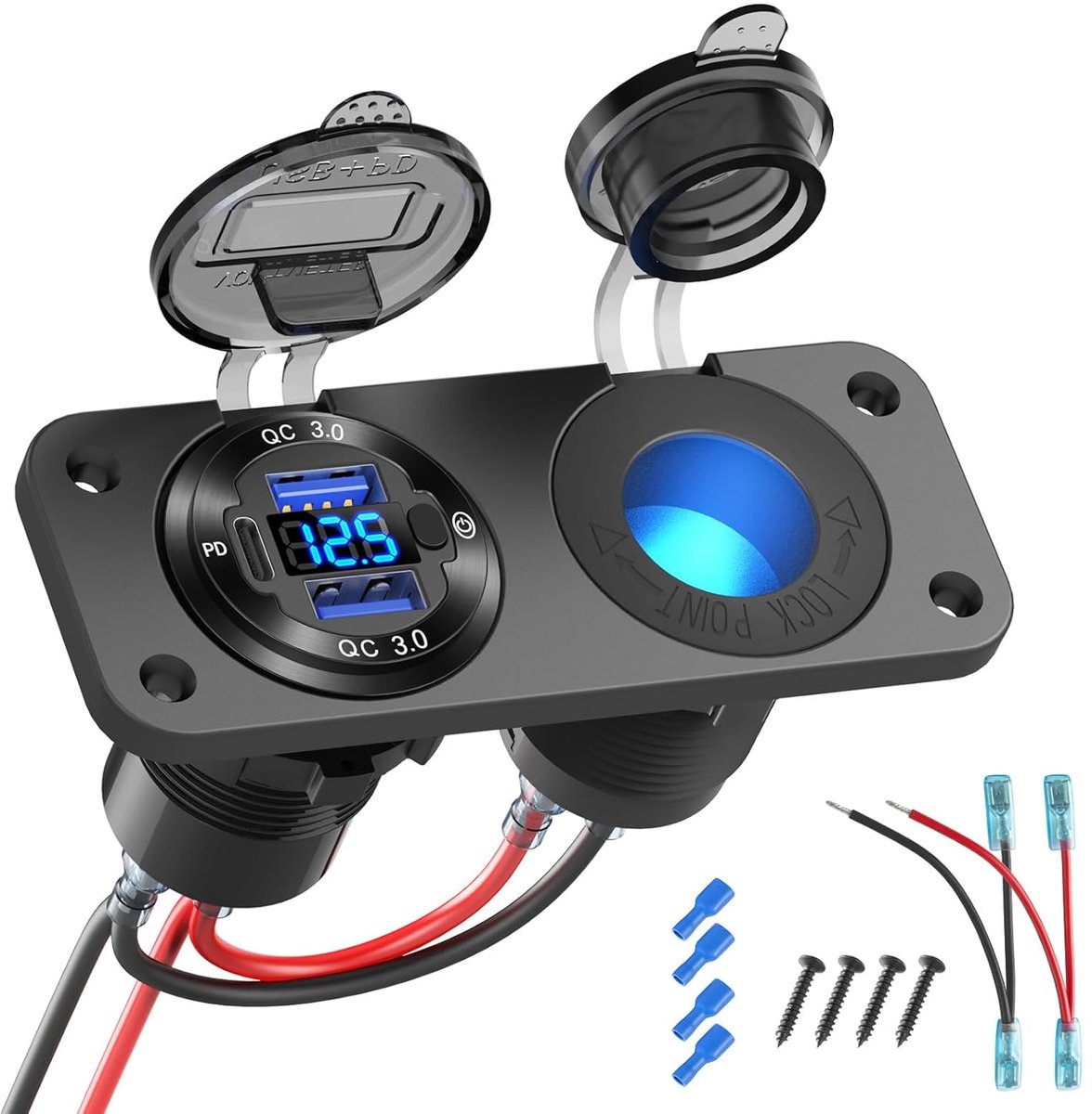 Thijox - USB-stopcontact 12V zeewaterschakelaarpaneel, Aluminium autolader met PD3.0, dubbele USB QC3.0 poorten, LED-voltmeter, 150W sigarettenaanstek
