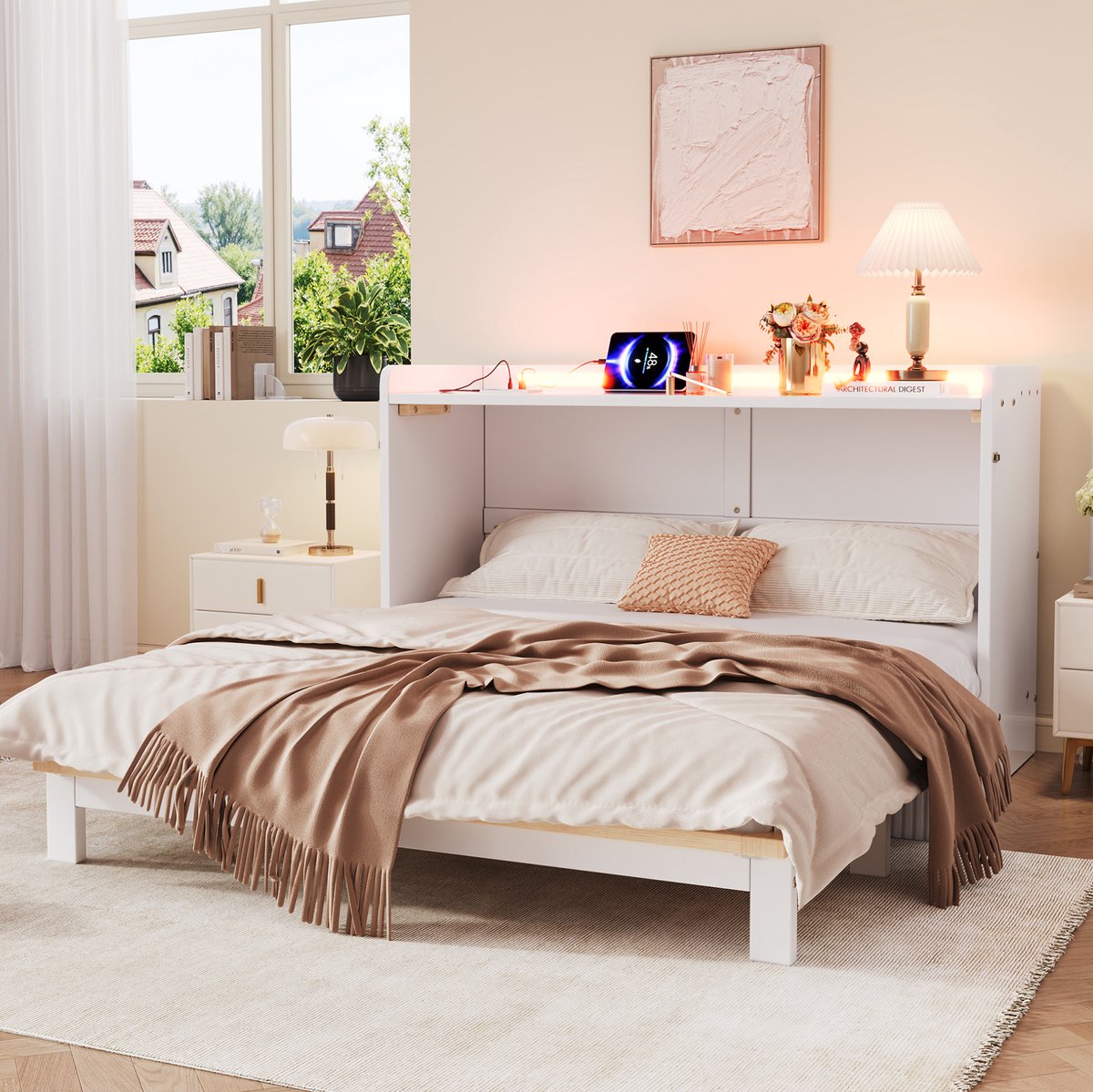 FloraGrace Opklapbed - Met LED-Verlichting, USB En Stopcontact - Ruimtebesparend Voor Slaapkamer - MDF En Spaanplaat - 202x144x105 Cm - Wit