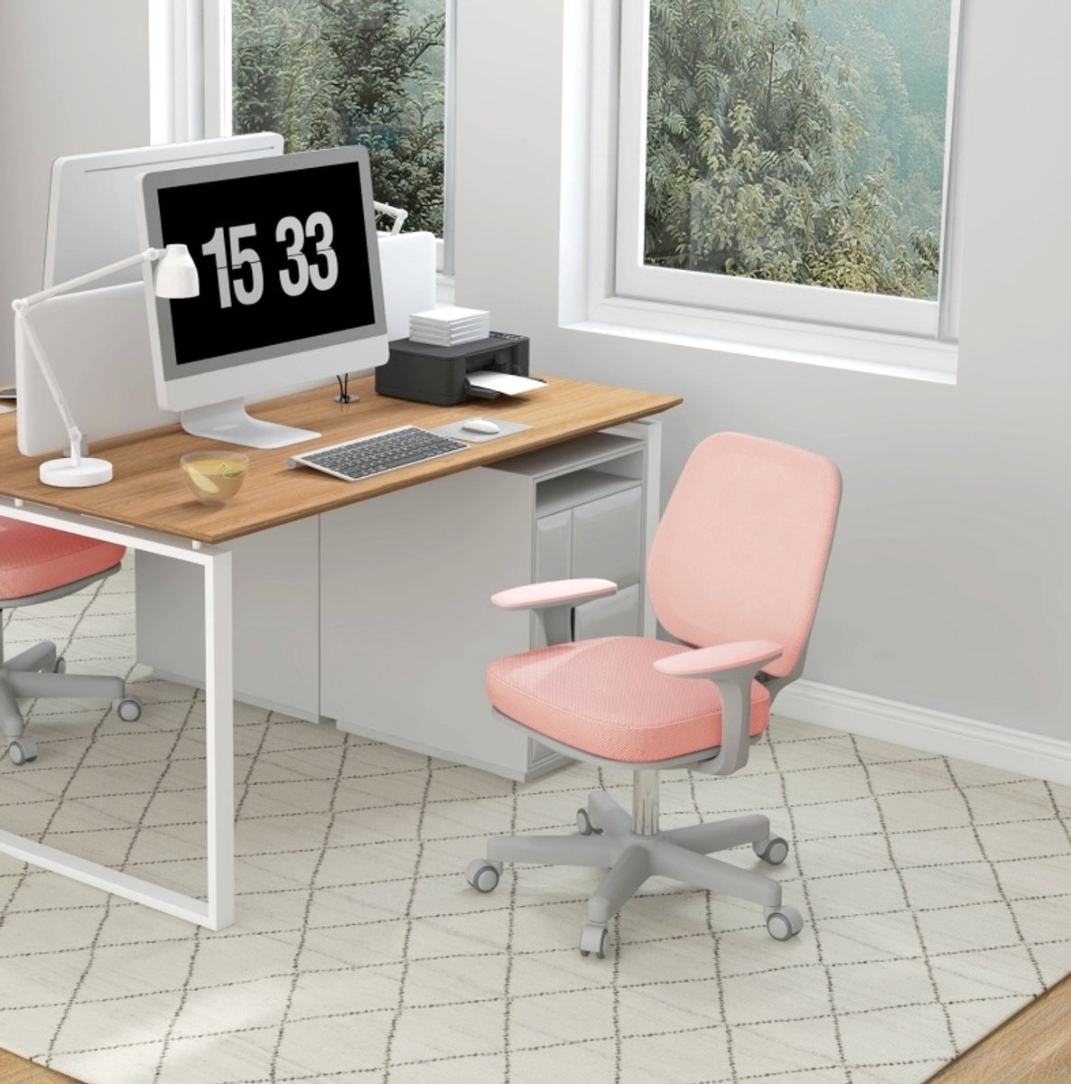 MEUNIQ ergonomische bureaustoel 55 x 48 x 82,5-94,5 cm met armleuningen, draaifunctie, verstelbare zithoogte, mesh rugleuning en wielen, roze