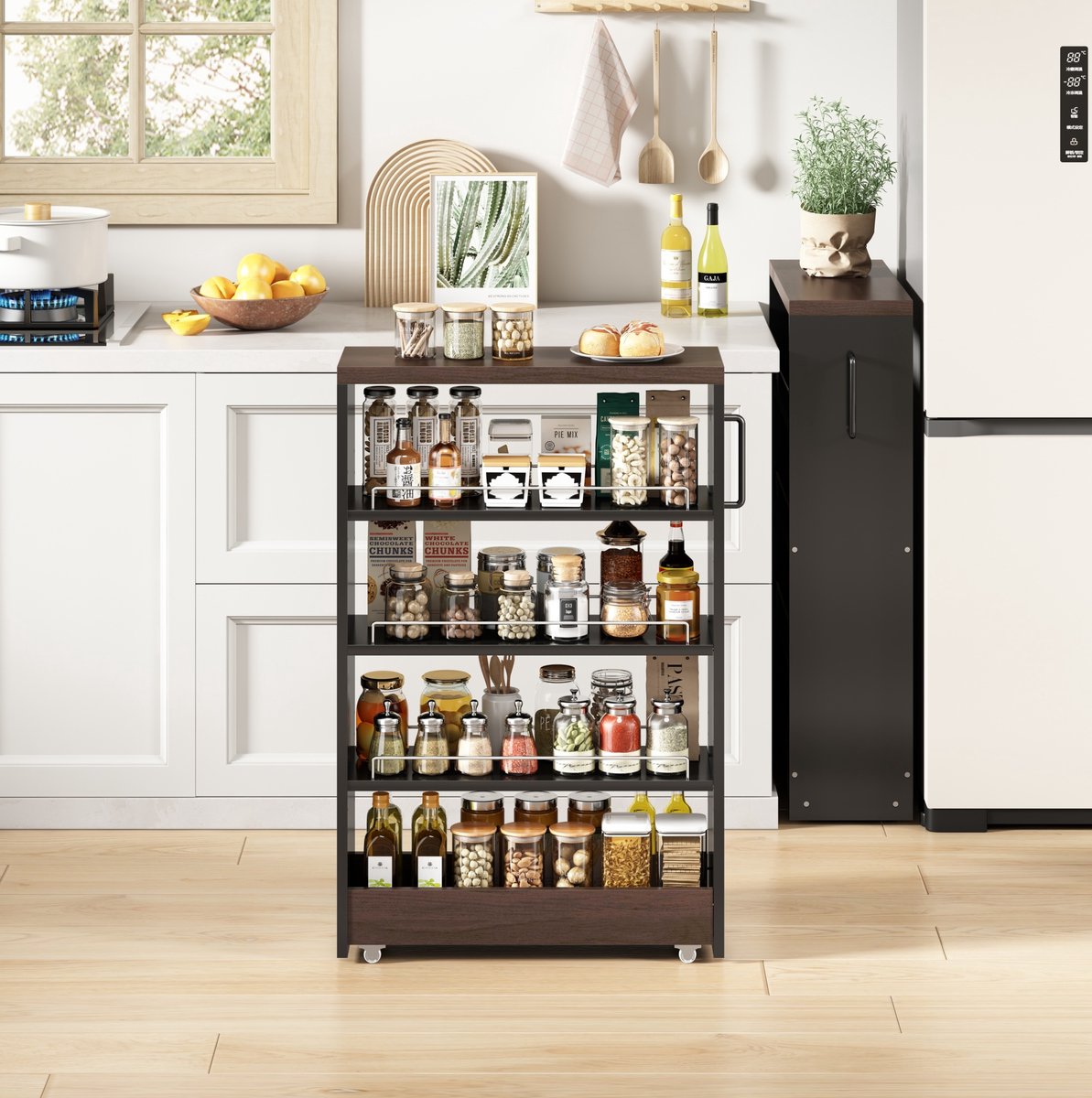 HAUSS SPOLE Smalle Keukenkast Op Wielen Met 4 Verstelbare Planken Voor Smalle Ruimtes In Keuken En Badkamer Zwart Bruin MDF 55x16x85 Cm