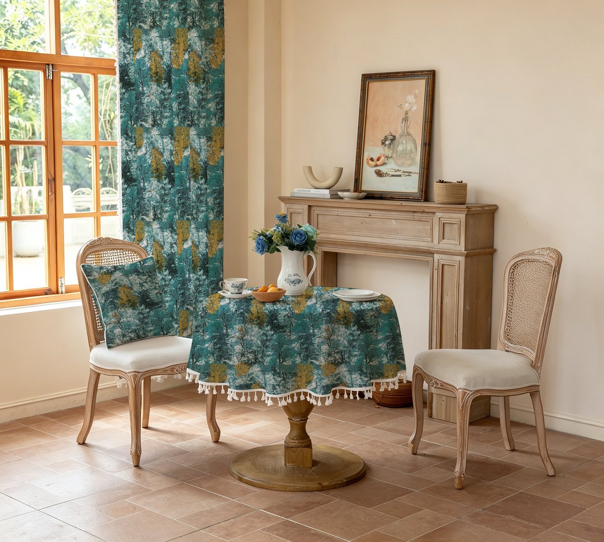 Rond polyester tafelkleed met boho-print van blauwgroene bomen in het bos en kwastjes, waterdicht vintage tafelkleed met franjes in bosstijl,140cm