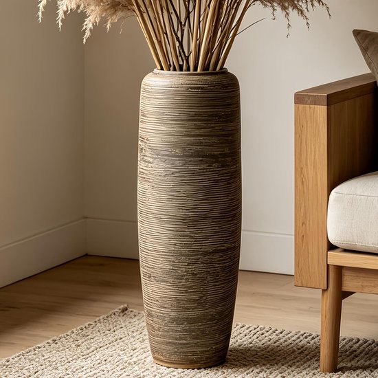 Ceramische Vloervaas 60 cm in Boho Stijl, Perfect voor Rustieke Woondecoratie met Pampasgras en Gedroogde Bloemen, Ideaal voor Planken en Tafels