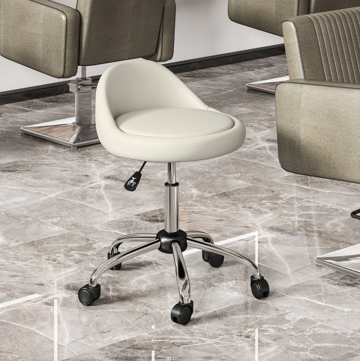 MEUNIQ bureaukruk met rugleuning en wielen, in hoogte verstelbaar 63-83 cm, draaibare werkkruk met kunstleer zitting, 120 kg, voor thuiskantoor of salon, wit
