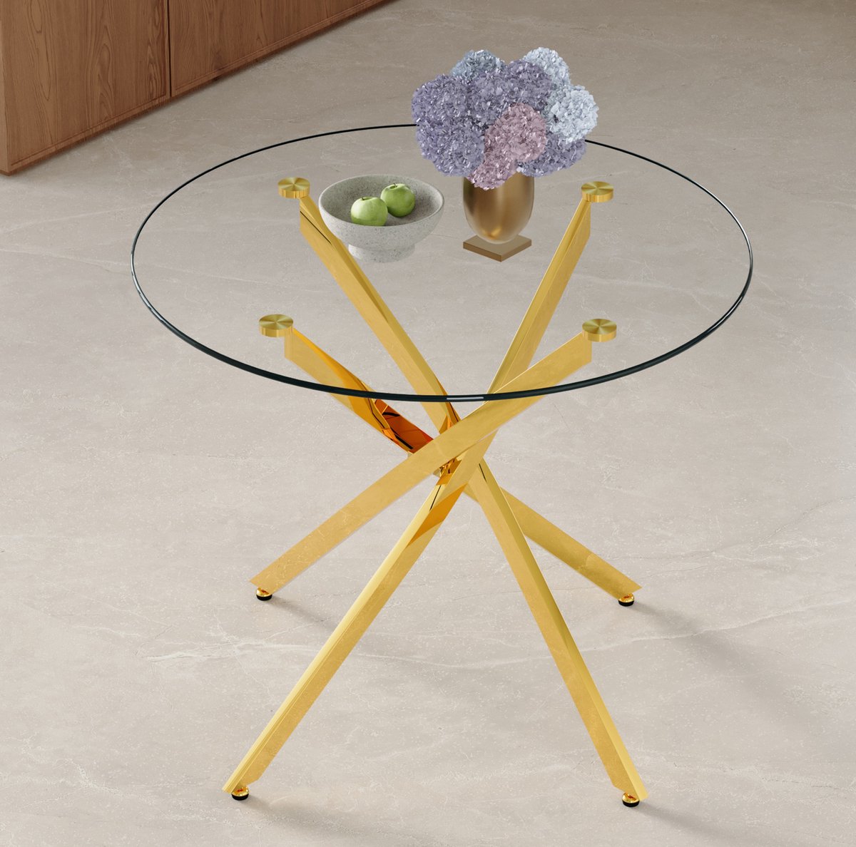 HAUSS SPOLE Eettafel - Rond Van Gehard Glas - Voor 2 Tot 4 Personen In Kleine Eethoek - Metaal En Glas - 88 x 88 x 75 cm - Goud Transparant
