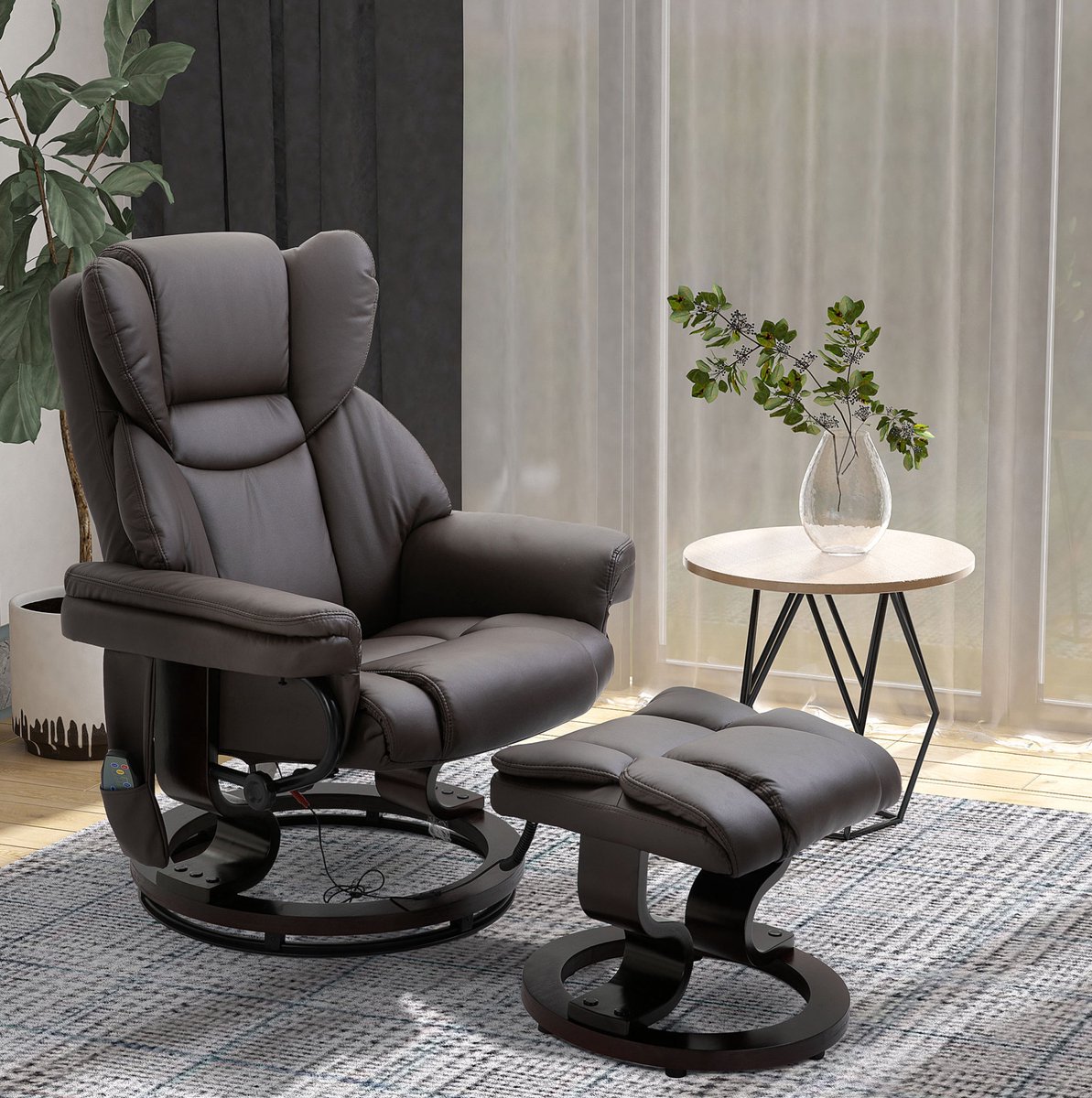 MEUNIQ massagestoel en relaxfauteuil met hocker, 79 x 82 x 101 cm, 145b0 verstelbare rugleuning, 360b0 draaibaar, kunstleer bruin voor woonkamer