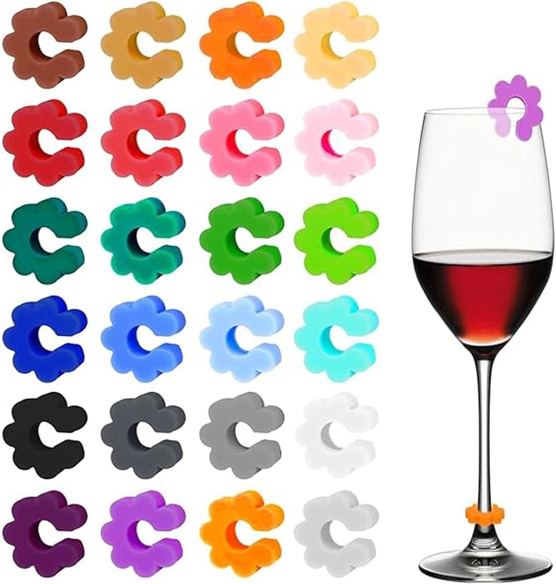 24 Stuks Wijn Glas Hangers Labels met Flesstopper, Silicone Drink Labels voor Feestdecoratie en Thuisgebruik, Multicolor, 2x2cm, Ideaal voor Wijnlabeling en Glasidentificatie