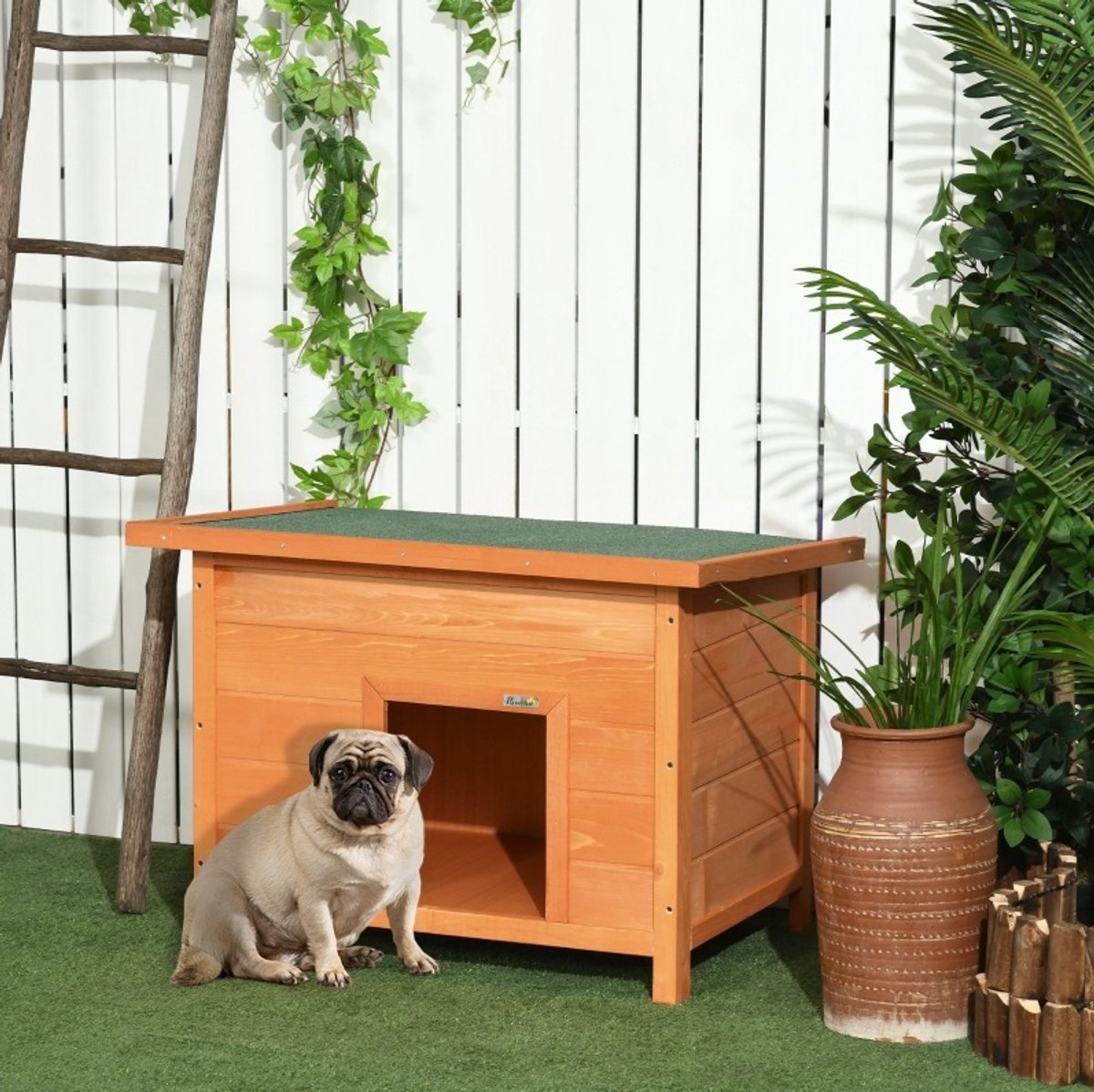 MEUNIQ Hondenhok voor buiten 82 x 58 x 58 cm met opklapbaar asfaltdak, verhoogde vloer en houten hondenhuis voor kleine honden, geel