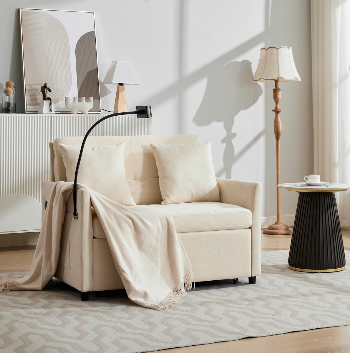 FloraGrace Slaapbank 1-Zits - Opvouwbaar Met Slaapfunctie, USB-Poort En Tablet Houder - Voor Woonkamer, Kantoor Of Studio - Polyester - Beige