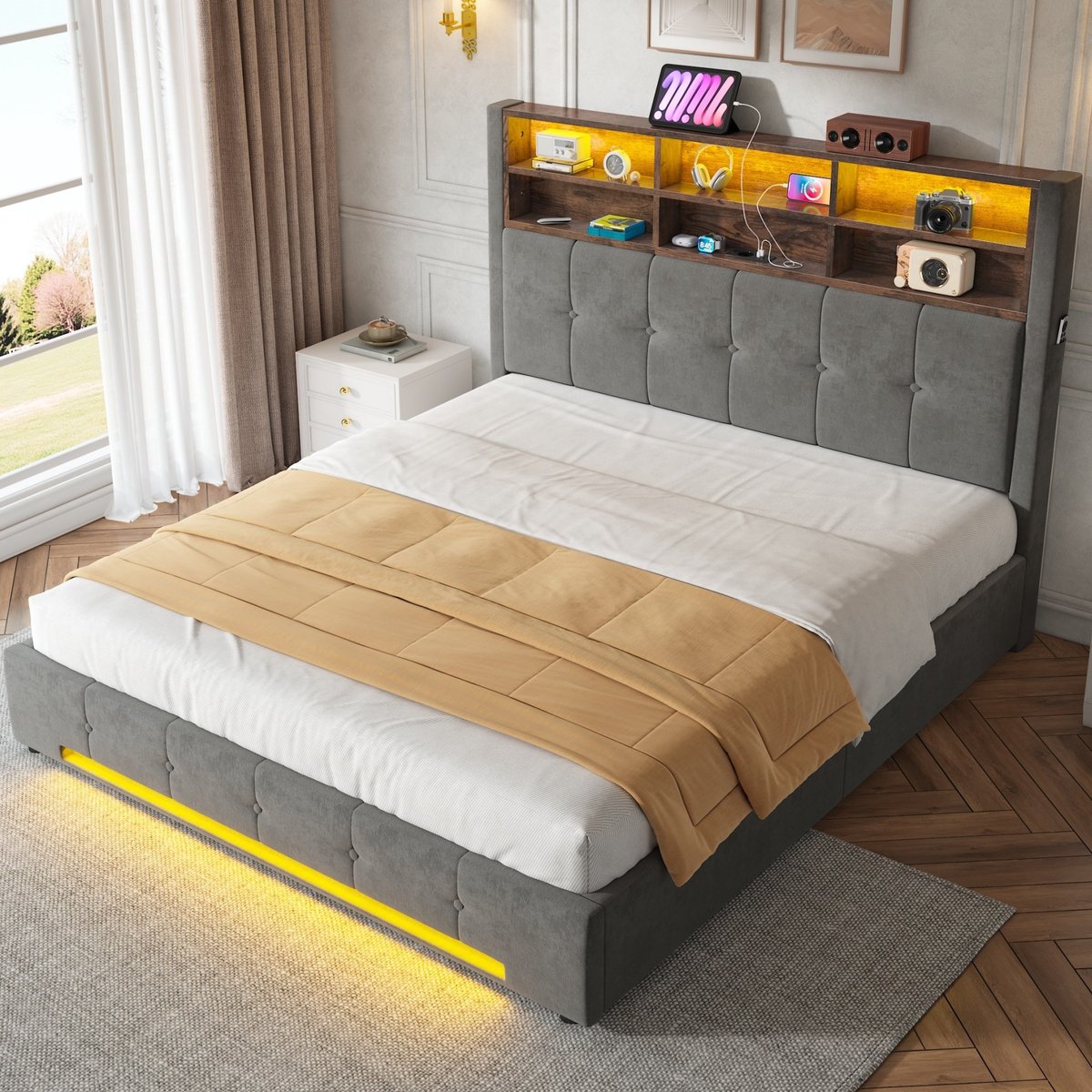 Gestoffeerd Bed 160x200 cm Zonder Matras Donkergrijs Fluweel Met Opbergruimte LED Verlichting USB C En Hydraulische Lift Voor Slaapkamer