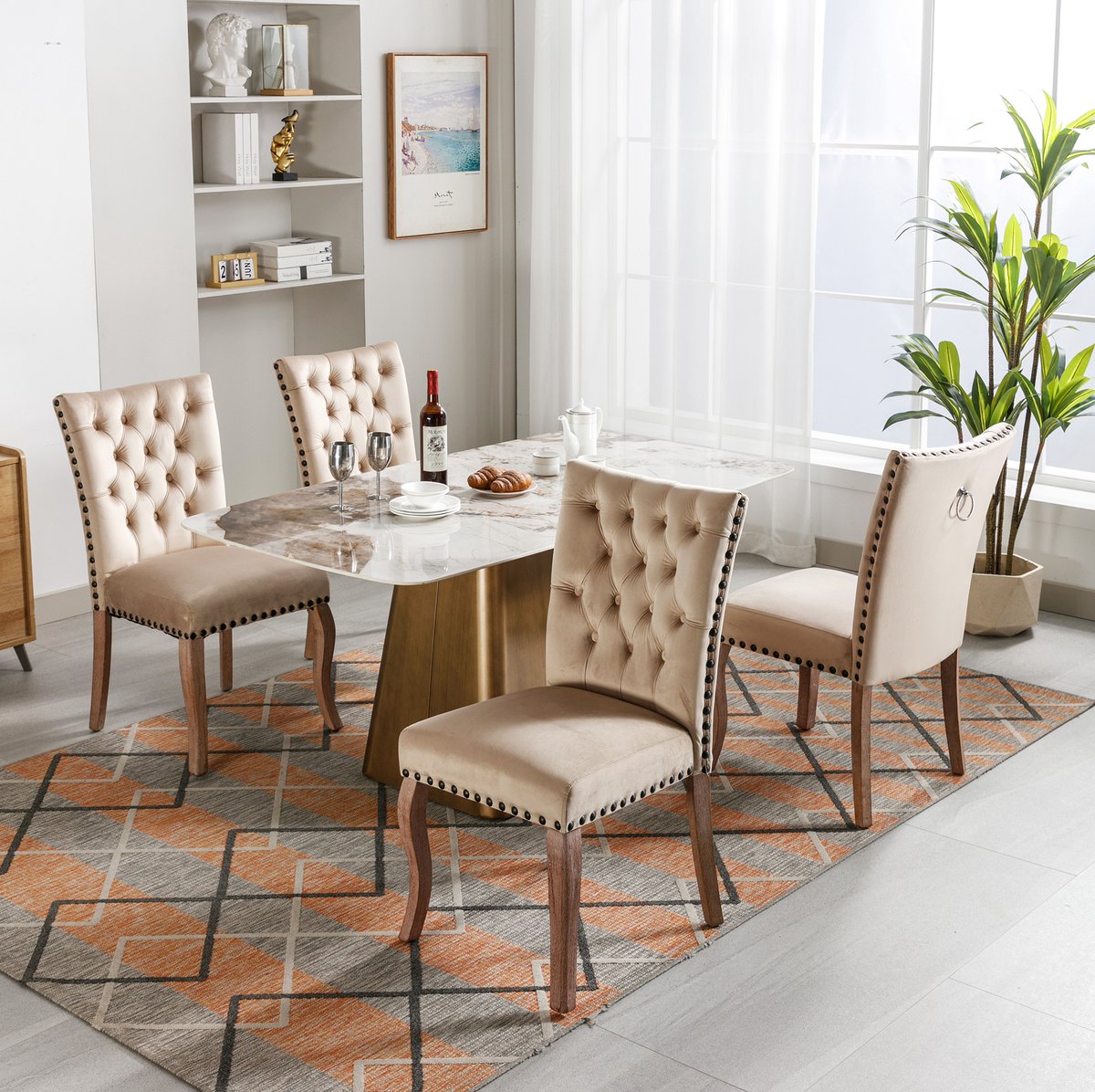 DESMIU Eetkamerstoel - Set Van 4 - Gepolsterd Met Deurklopper En Gecapitonneerde Rugleuning - Voor Eetkamer En Woonkamer - Fluweel Licht Camel