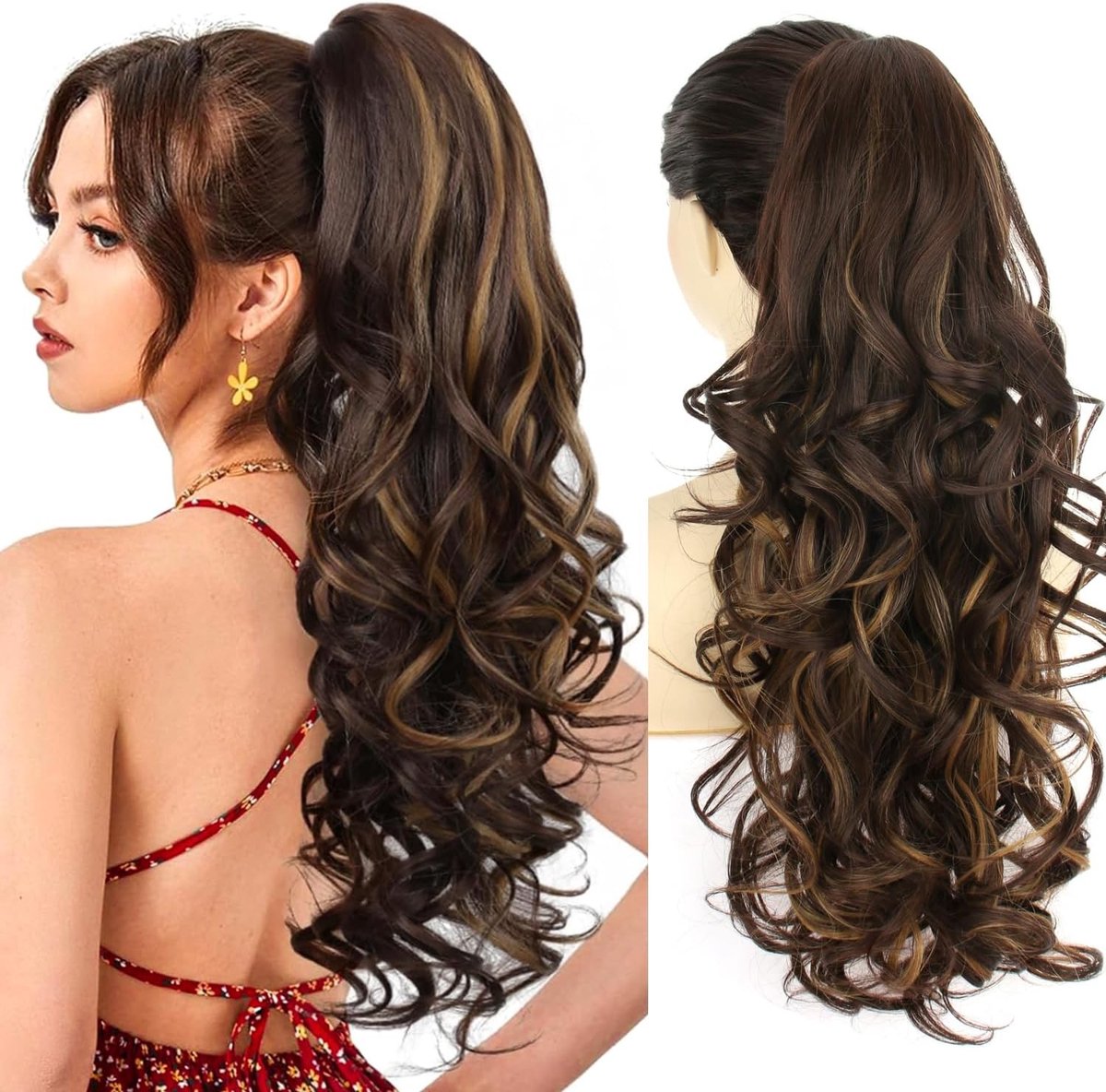 Ponytail Hairpiece met Claw Clip - 66 cm Lange Volume Wavy Haarverlenging in Donkerbruin met Blonde Highlights voor Vrouwen - Perfect voor Feestjes en Dagelijks Gebruik