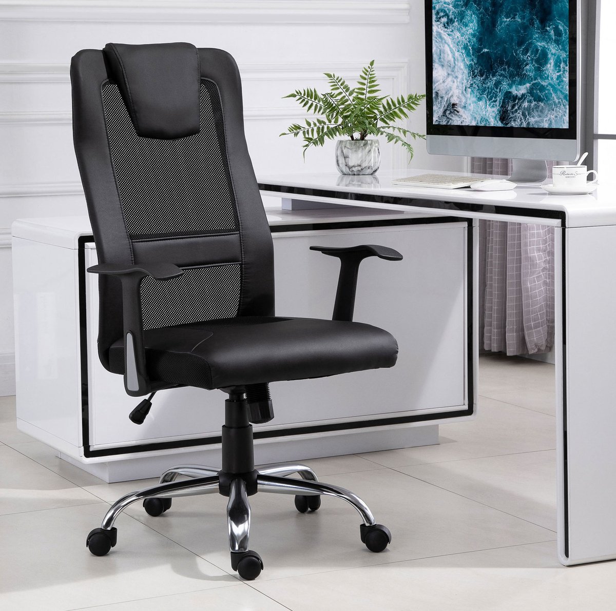 MEUNIQ Ergonomische bureaustoel hoogteverstelbaar met wippfunctie, vaste armleuningen, hoofdkussen, mesh rugleuning en kunstleren zitting, zwart