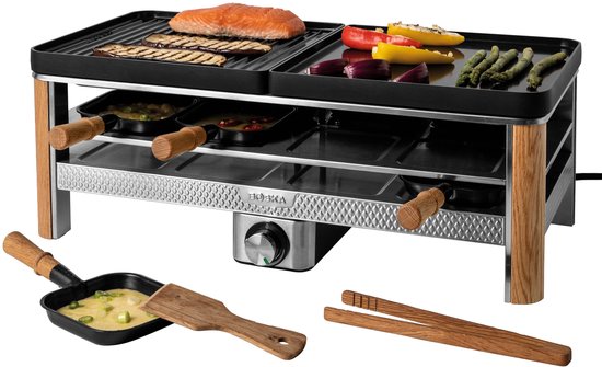 Gril raclette avec saumon, courgettes grillées, poivrons, oignons et asperges. Poêlon, spatules et pince incluses.