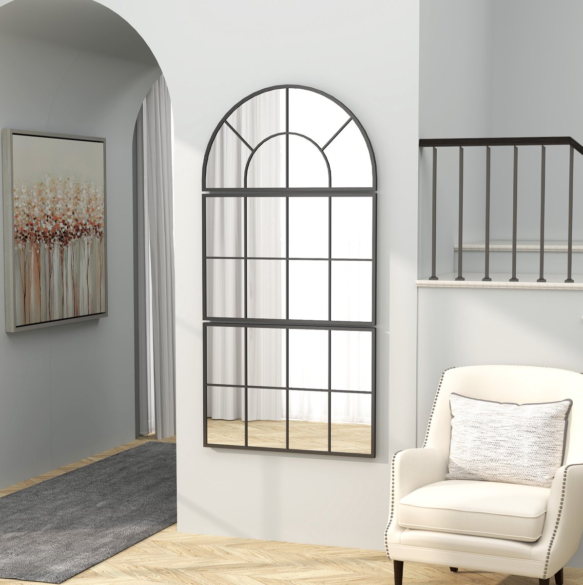 MEUNIQ driedelige wandspiegel 76 x 2 x 149 cm met boogvormig bovenstuk, metalen frame en 4 mm glas, decoratieve hangspiegel voor badkamer, woonkamer of hal, zwart Black